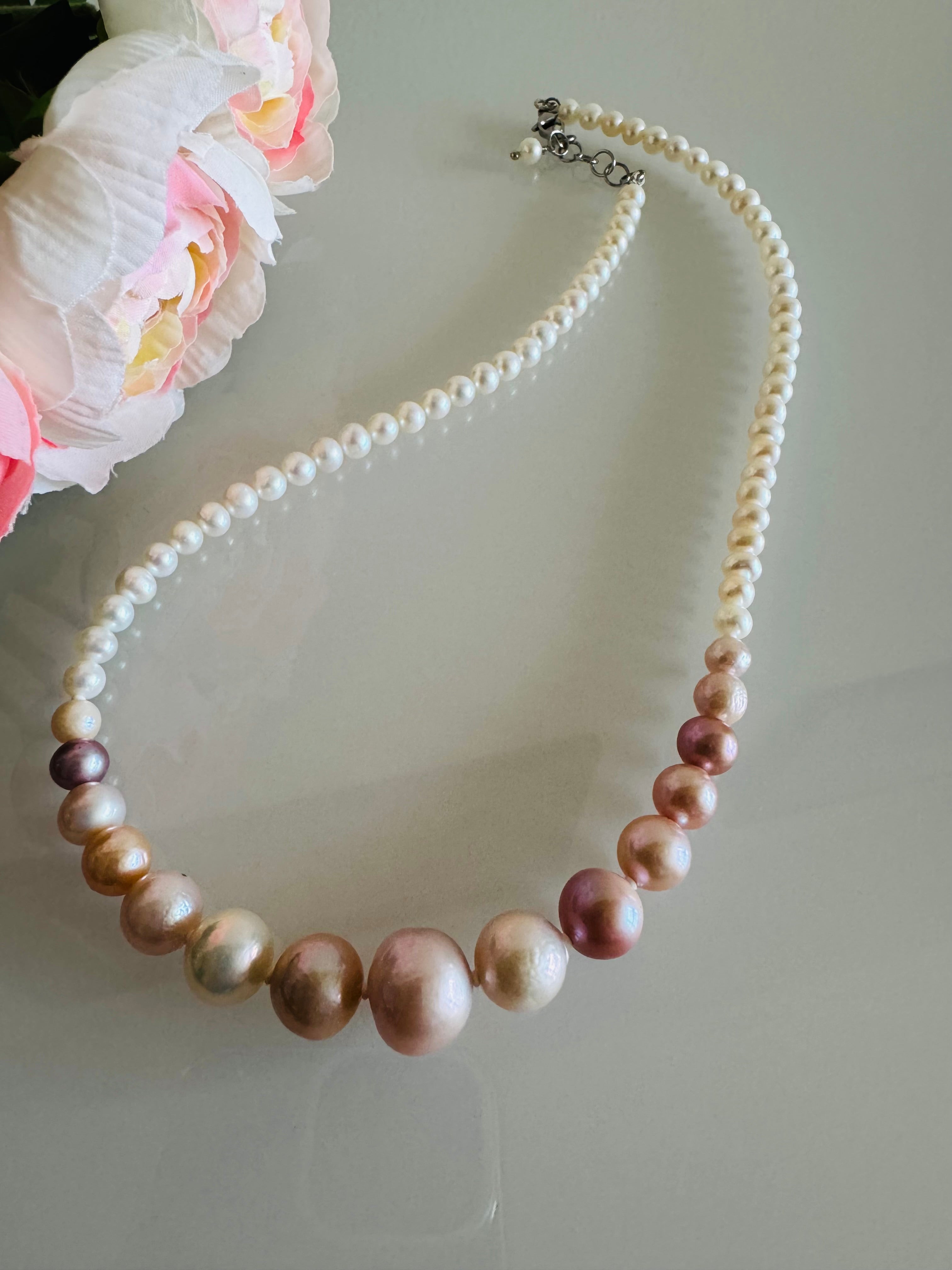 Natural Multiple Pink colours and White Freshwater Pearl Necklace, Surgical Stainless clasps, Handmade Australia