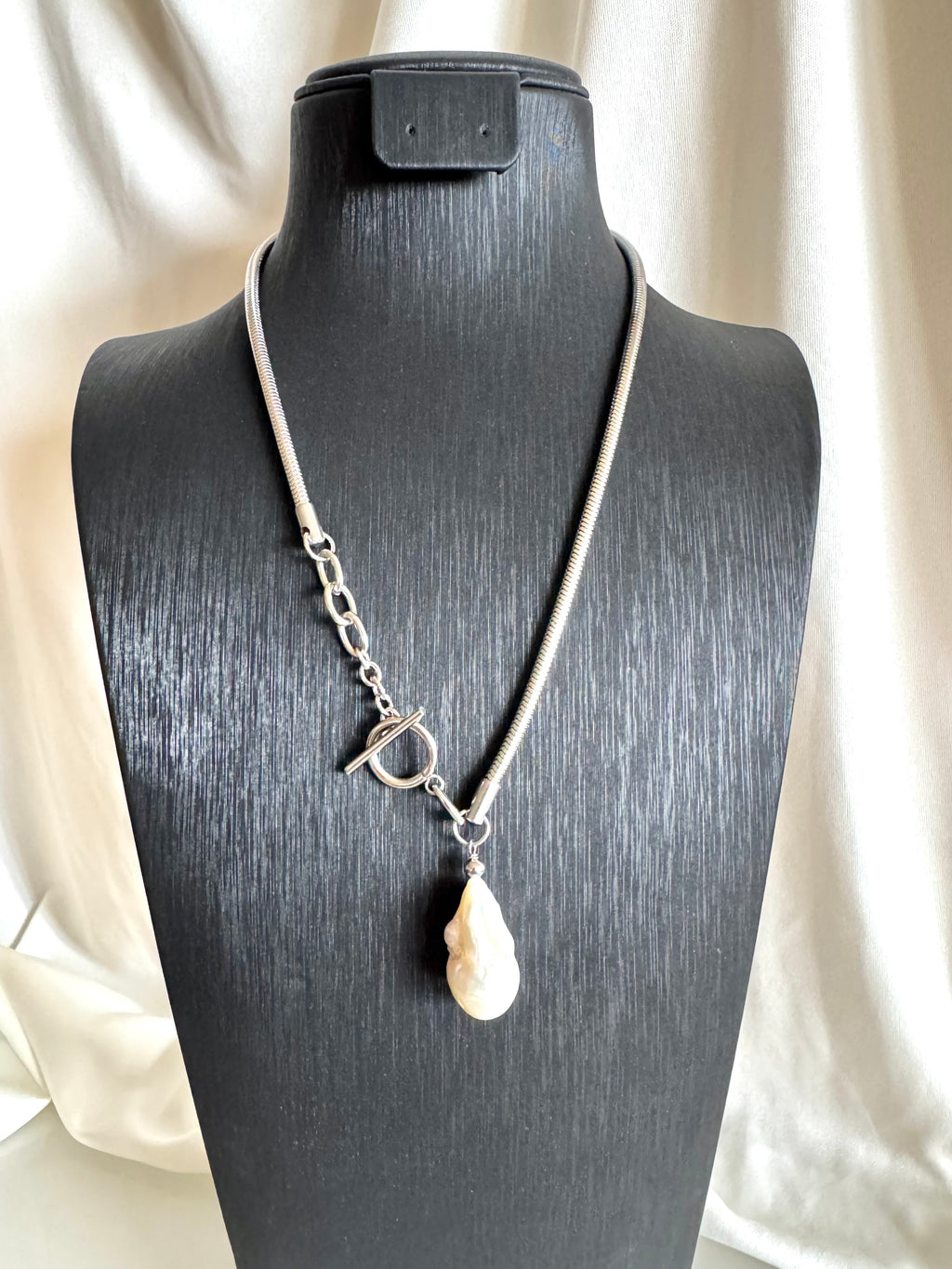 Handmade Baroque Pearl Toggle Necklace, Surgical Stainless Steel Chain, Statement Jewellery