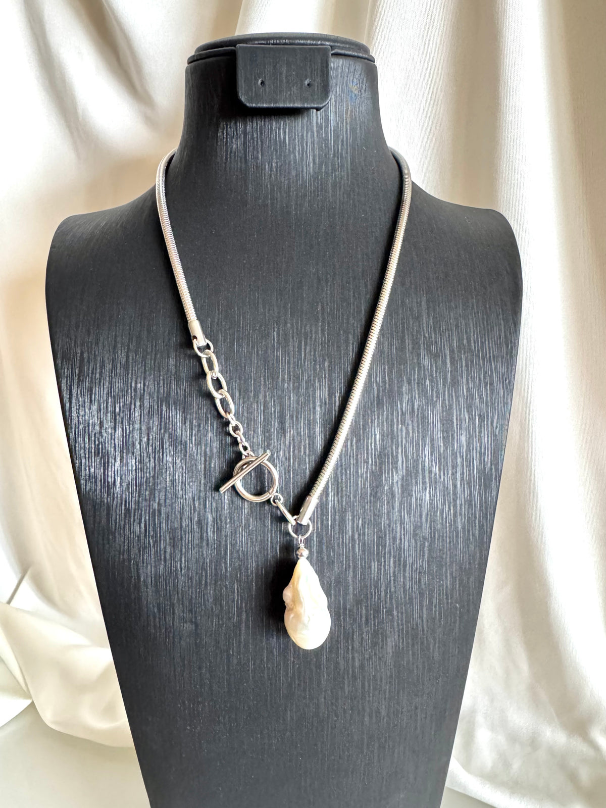 Handmade Baroque Pearl Toggle Necklace, Surgical Stainless Steel Chain, Statement Jewellery