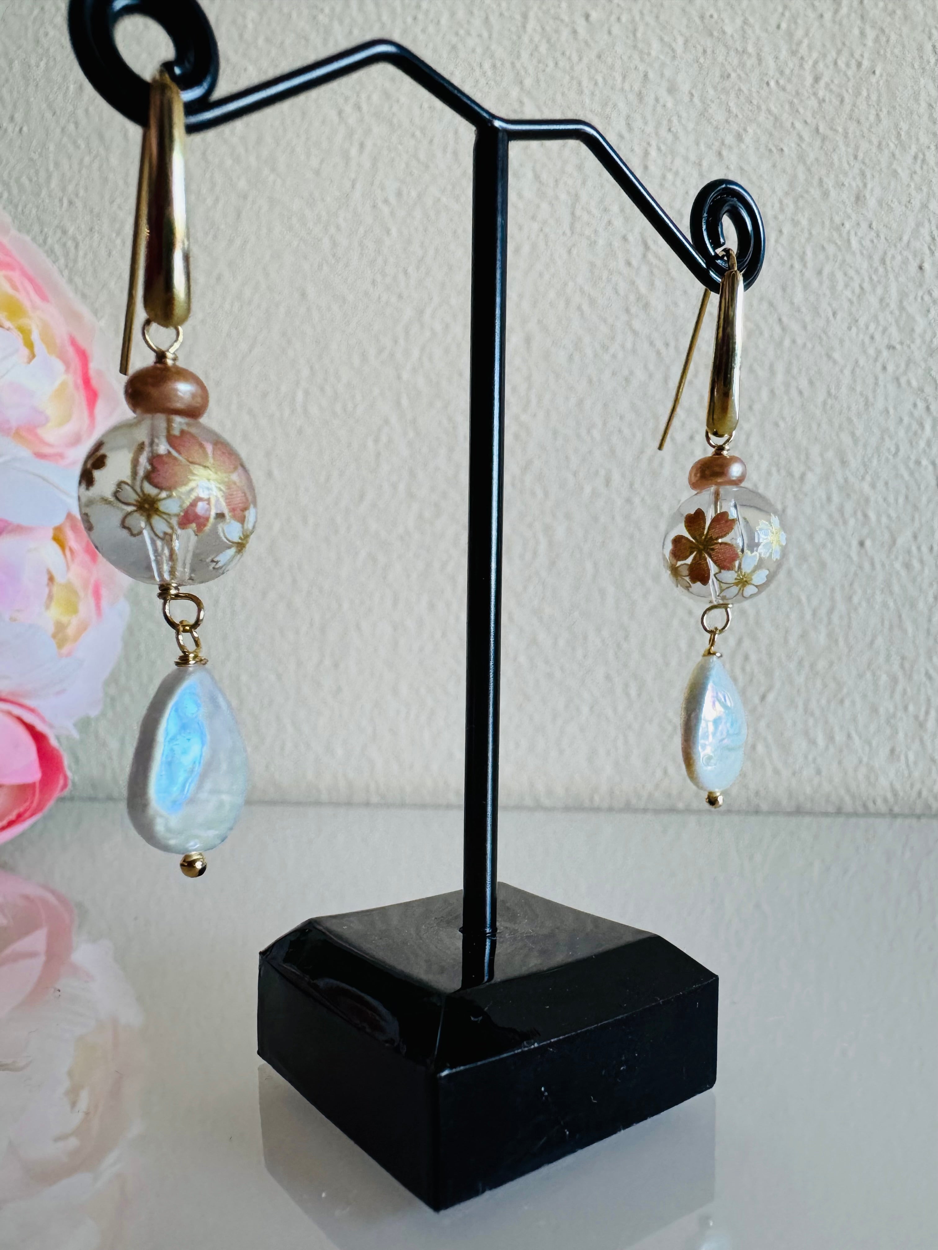 Japanese Tensha Beads Freshwater White Drop and Golden Pearls with Surgical Stainless Gold Hook Earrings
