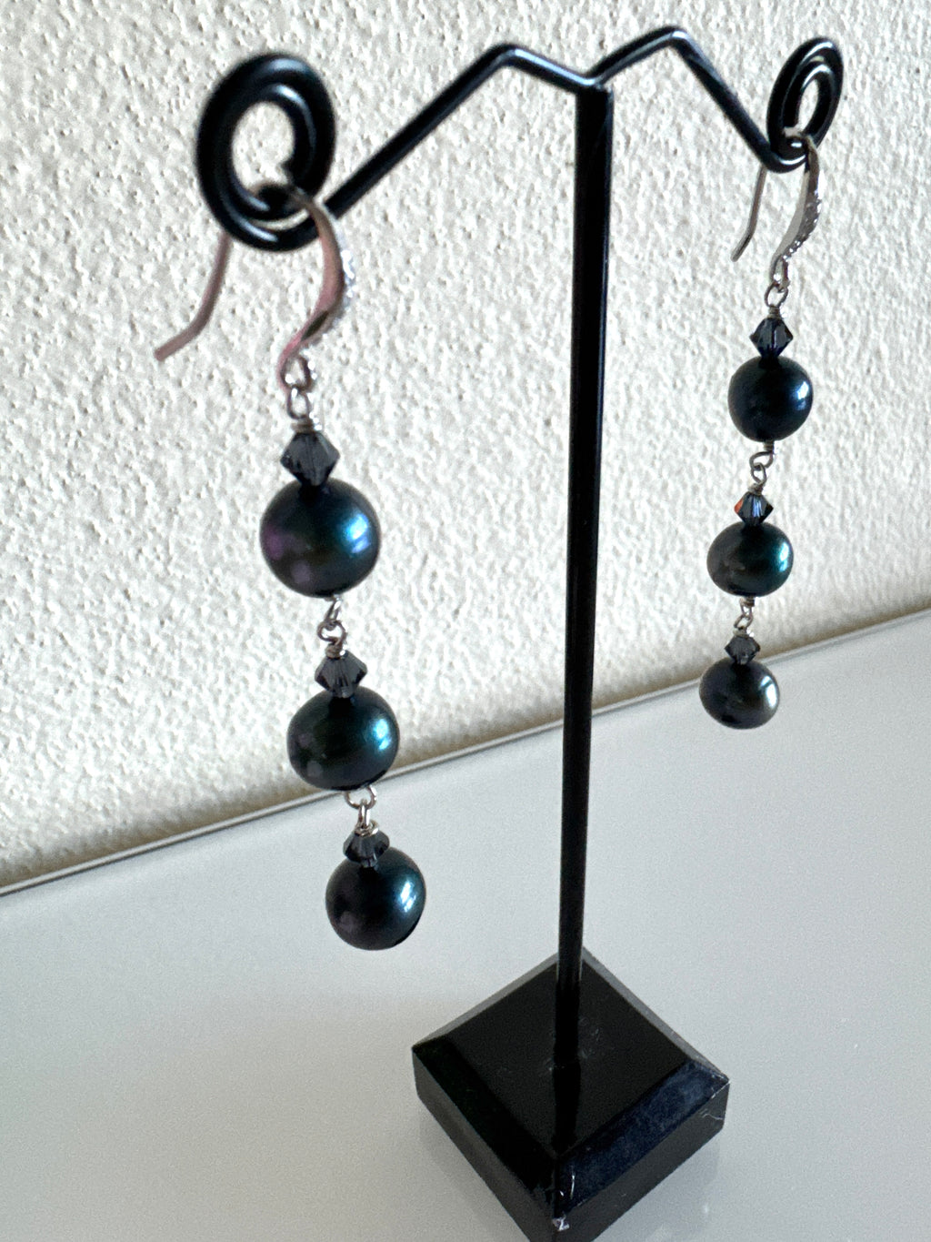 Black Freshwater Off Round Pearl Drop Trilogy Earrings With 925 Silver Hooks, Swarovski Crystals, Dangle Earrings, Anniversary Gift,