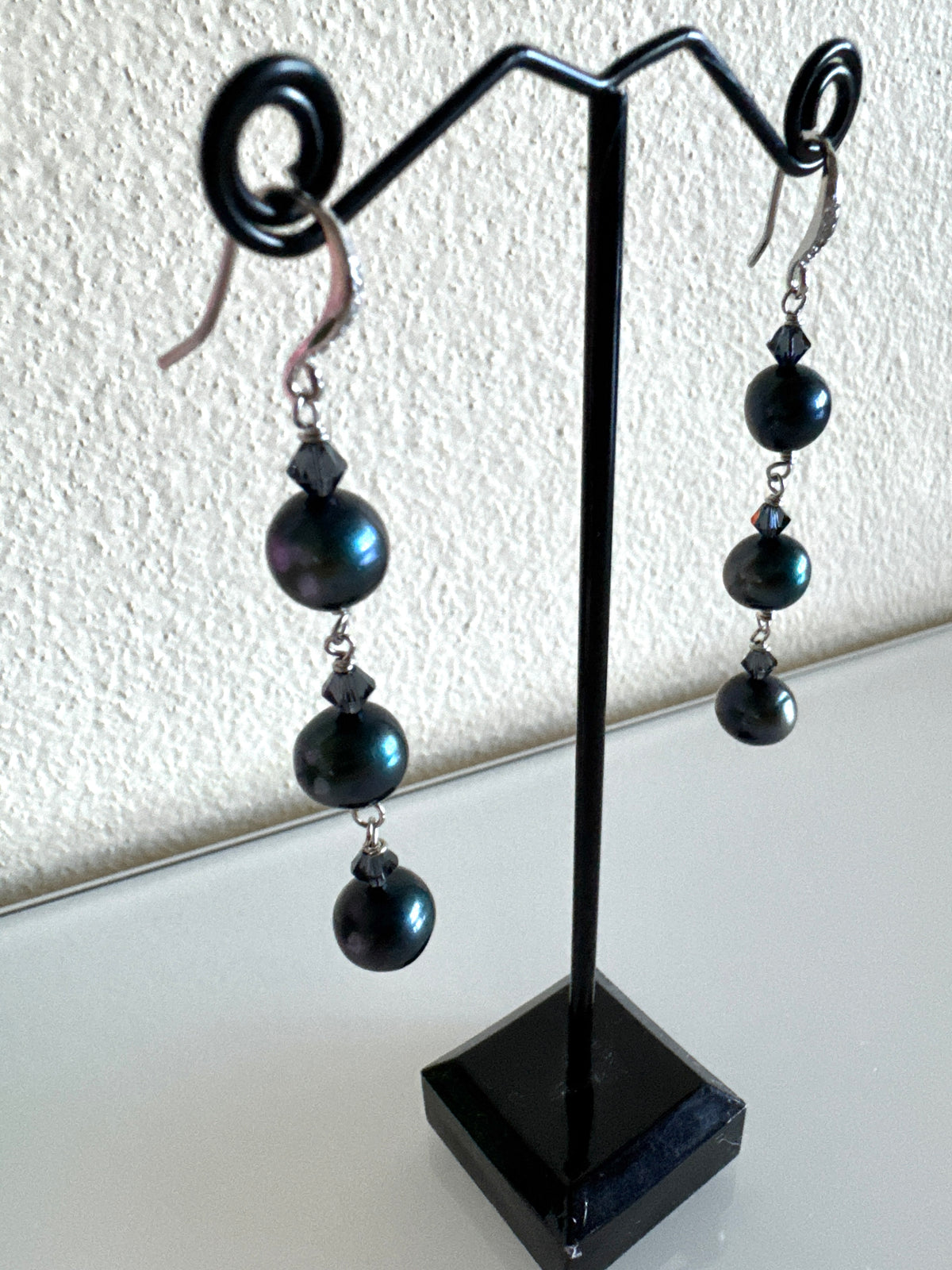 Black Freshwater Off Round Pearl Drop Trilogy Earrings With 925 Silver Hooks, Swarovski Crystals, Dangle Earrings, Anniversary Gift,
