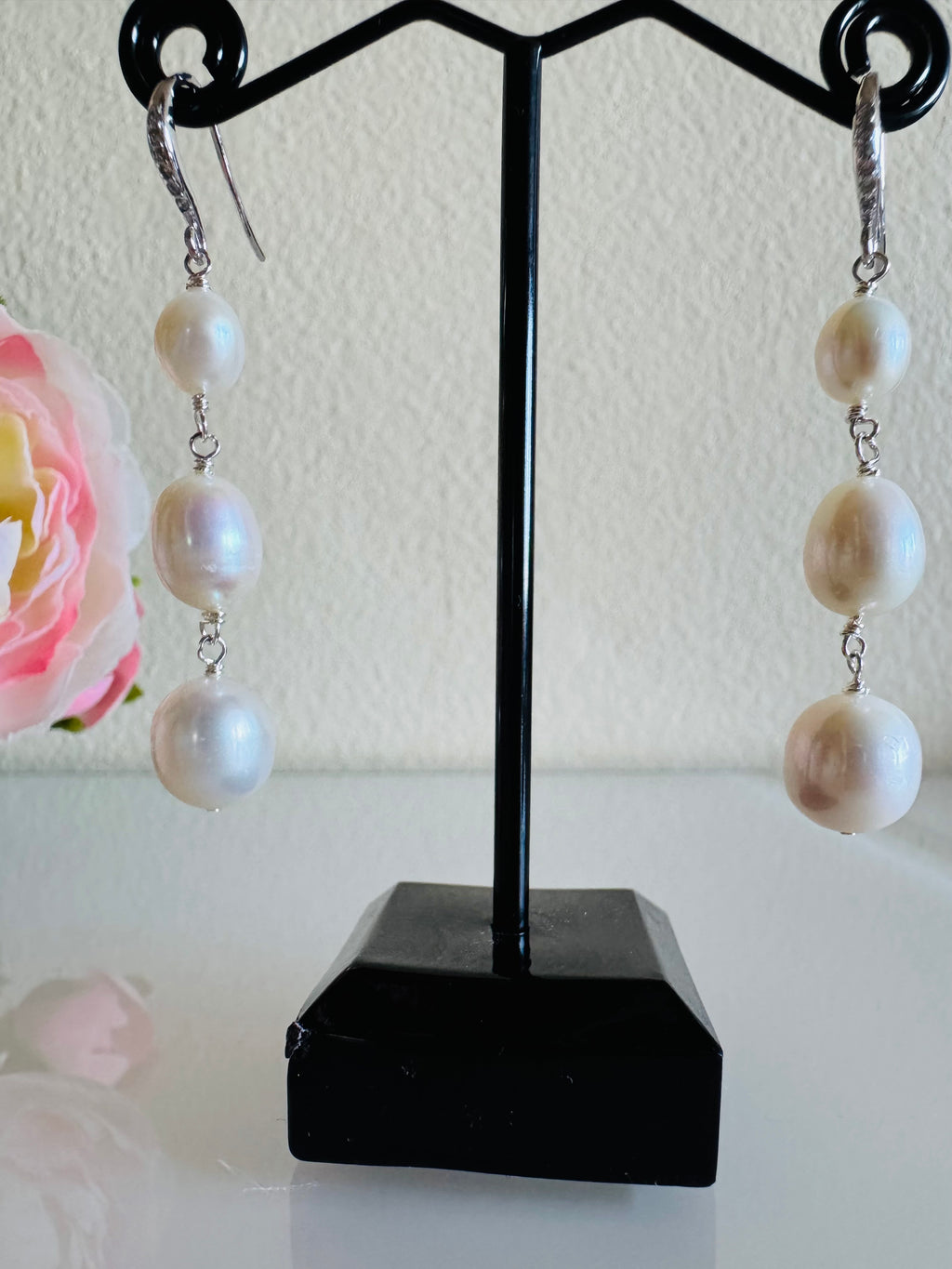 Sterling silver freshwater pearl trilogy earrings with cubic zirconia melees
