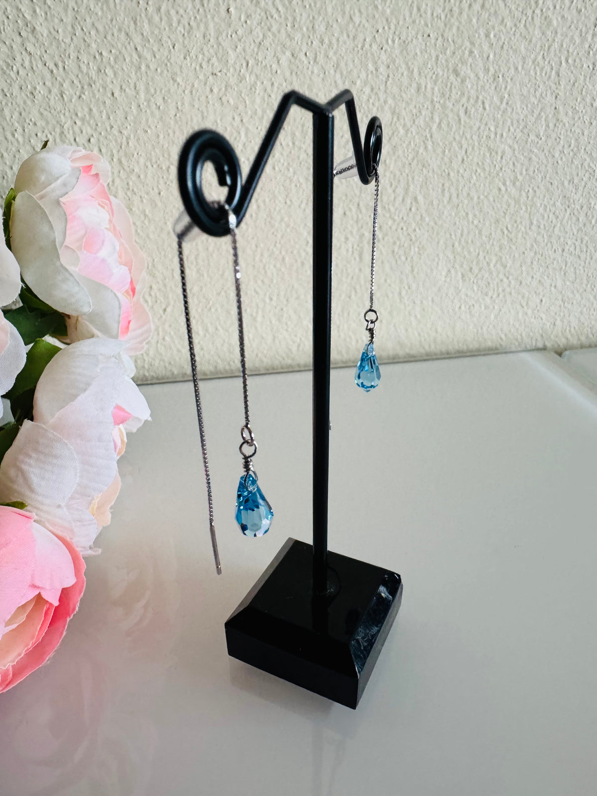 Swarovski Crystal Drop Earrings, Sterling Silver Aqua Blue Dangle Chain Earrings, Handmade Australian Jewellery, Rodium Plated Silver
