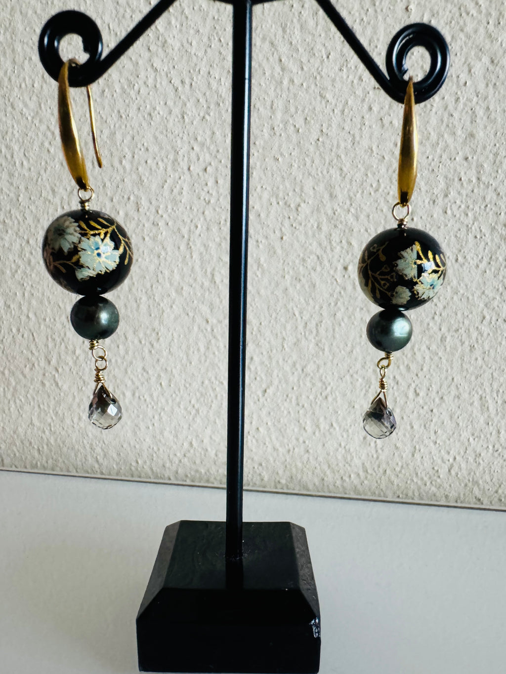 Japanese Tensha Bead Earrings, Surgical Stainless Steel Gold  Hooks, Black Pearl Dangle Earrings, Crystal Glass, Handmade Jewellery