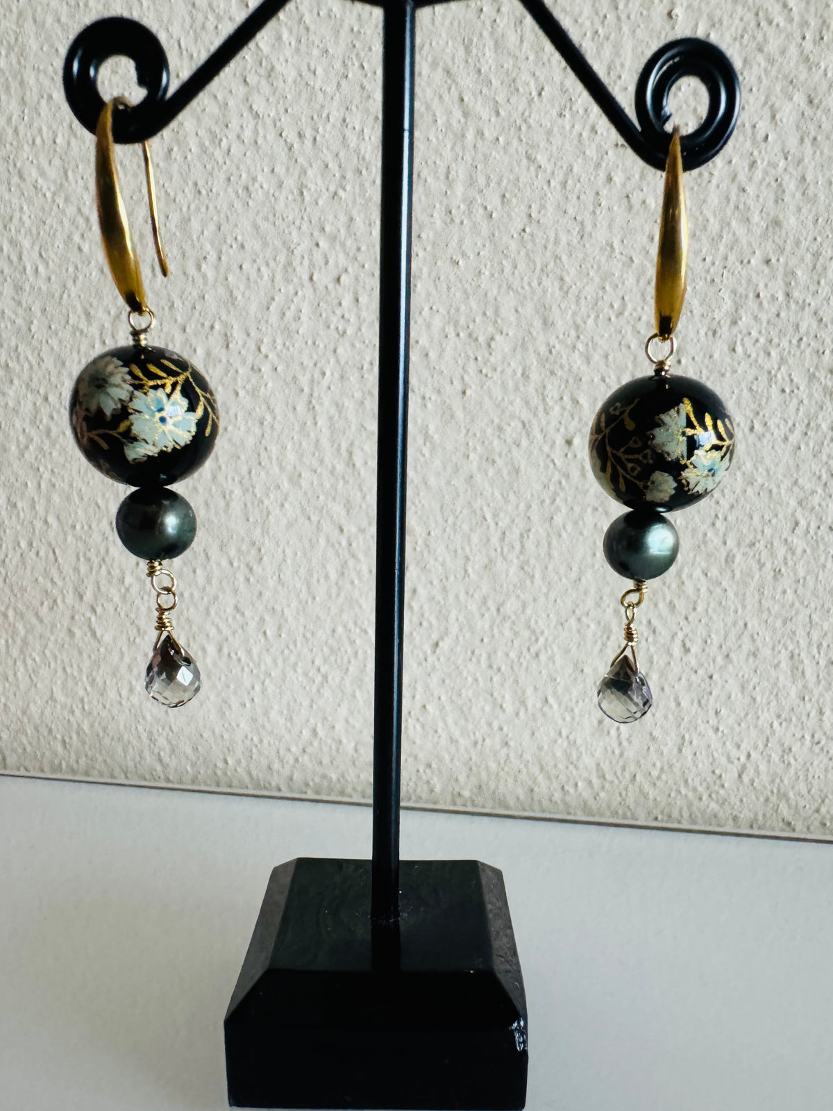 Japanese Tensha Bead Earrings, Surgical Stainless Steel Gold  Hooks, Black Pearl Dangle Earrings, Crystal Glass, Handmade Jewellery