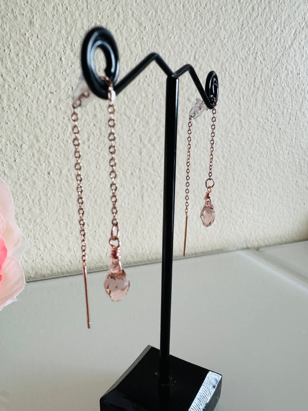 Swarovski Crystal Drop Earrings, Surgical Stainless Rose Gold Dangle Chain Earrings, Handmade Australian Jewellery, Rosegold pink Colour