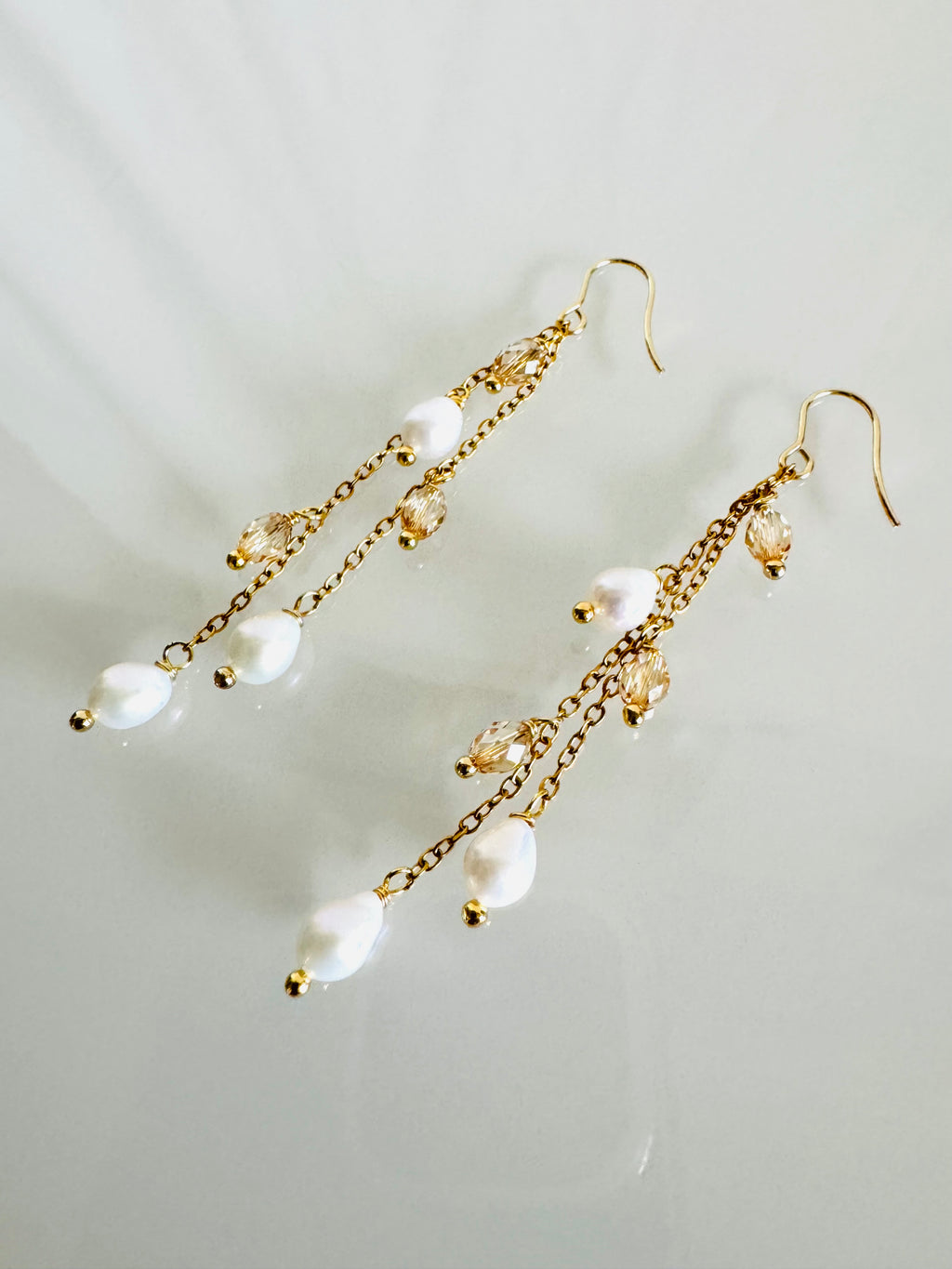 Teardrop Freshwater Pearl & Swarovski Crystal Earrings – Surgical Stainless Gold, Long Drop