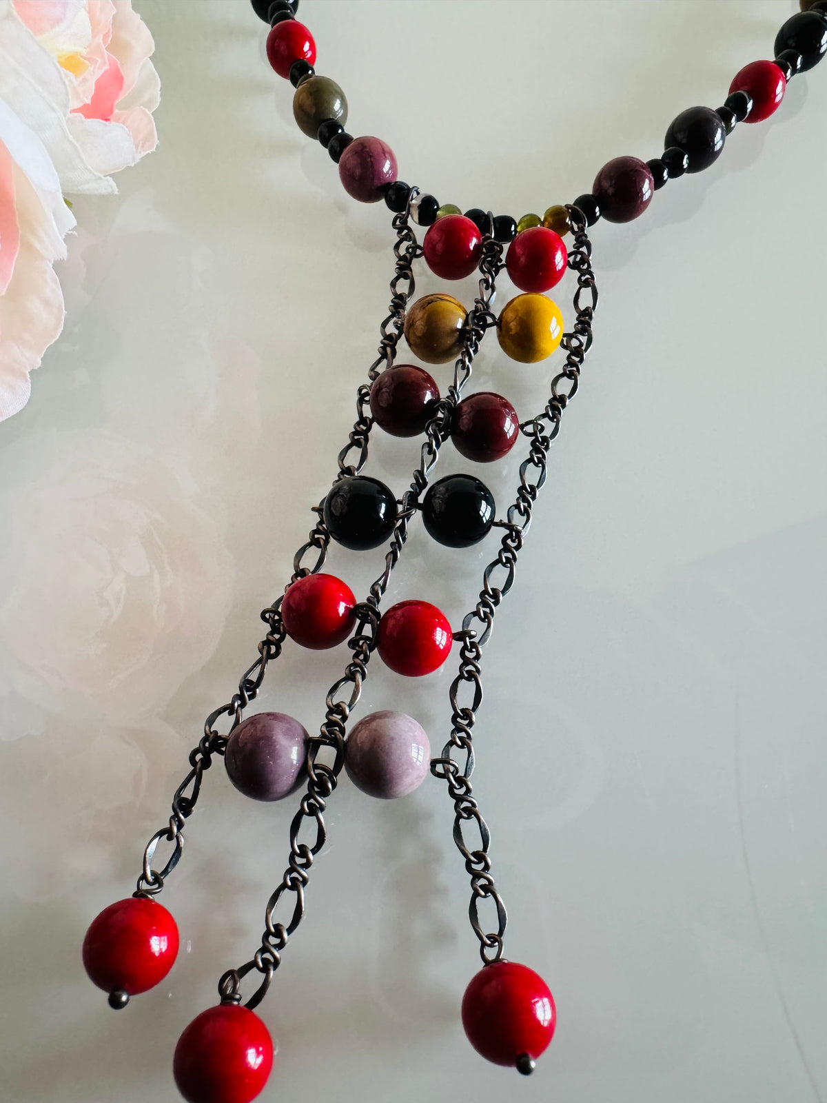 Mookaite Jasper and Red Shell Pearl Necklace, Surgical Stainless Steel Clasp, Tarnish Resistant Brass Chain, Gift for Her, Handmade Sydney
