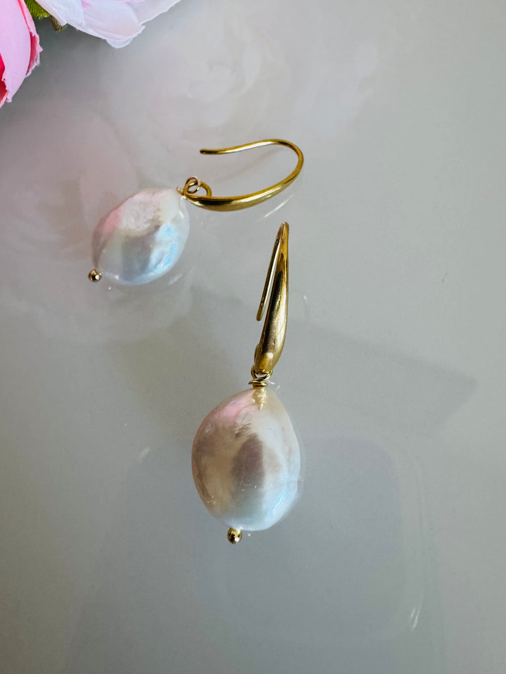 Freshwater Coin Shape Baroque Pearl Drop Earrings, Surgical Stainless Gold Dangle Earrings, Handmade Australian Jewellery, Gift For Her
