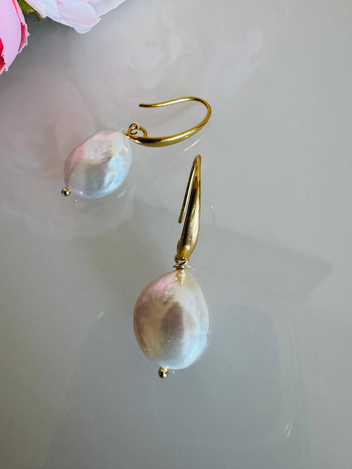 Freshwater Coin Shape Baroque Pearl Drop Earrings, Surgical Stainless Gold Dangle Earrings, Handmade Australian Jewellery, Gift For Her
