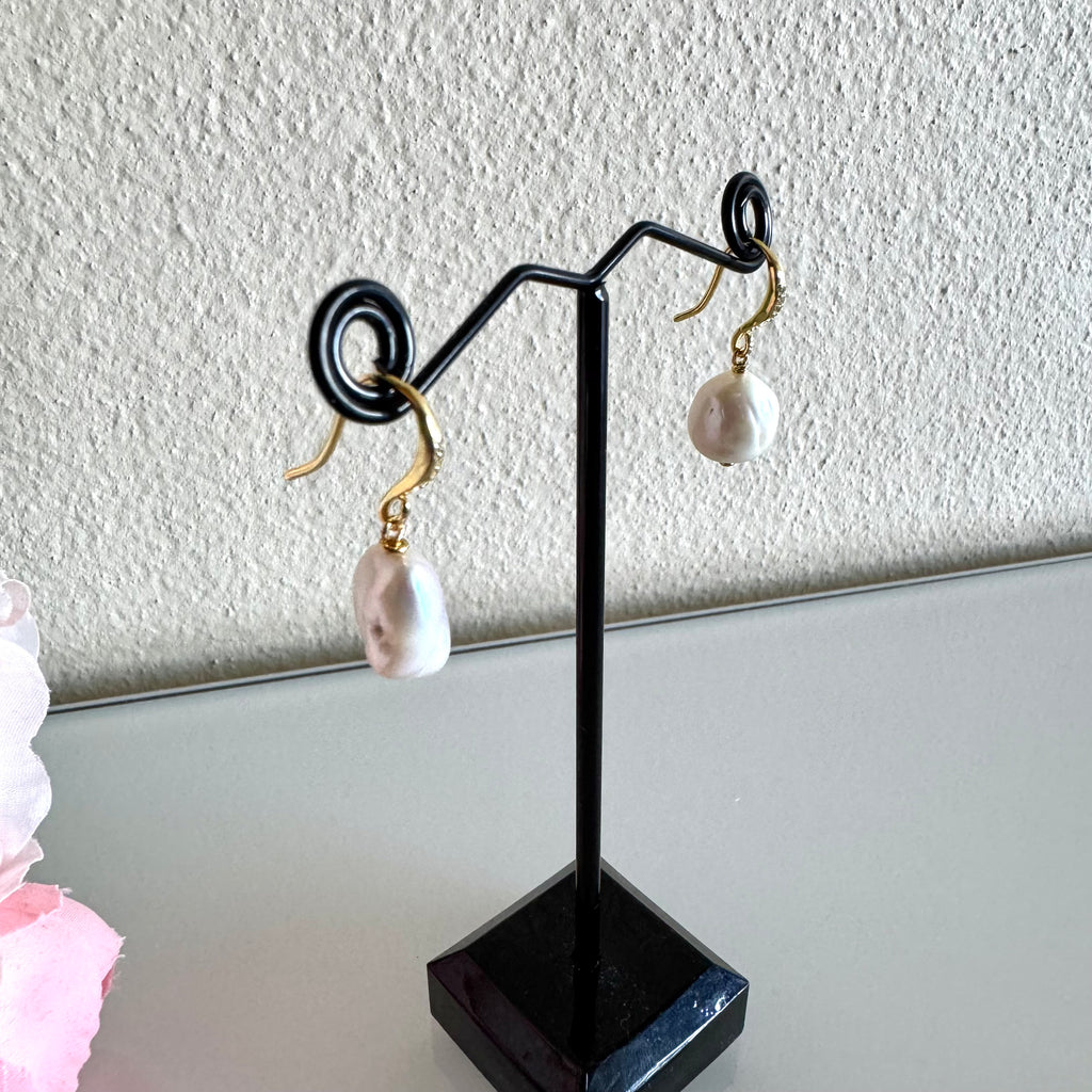 Sterling silver gold plated freshwater baroque pearl earrings with cubic zirconia melees