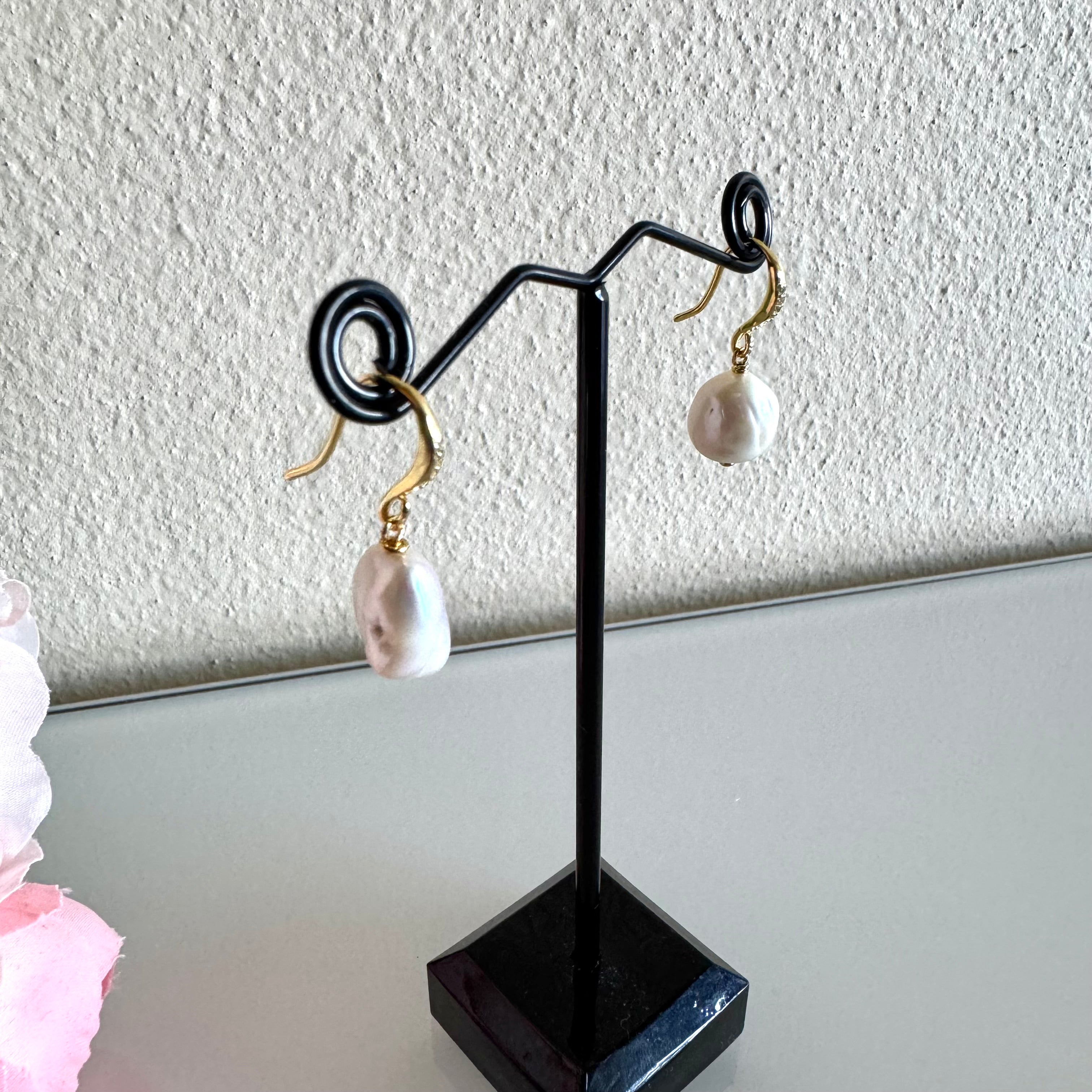 Sterling silver gold plated freshwater baroque pearl earrings with cubic zirconia melees