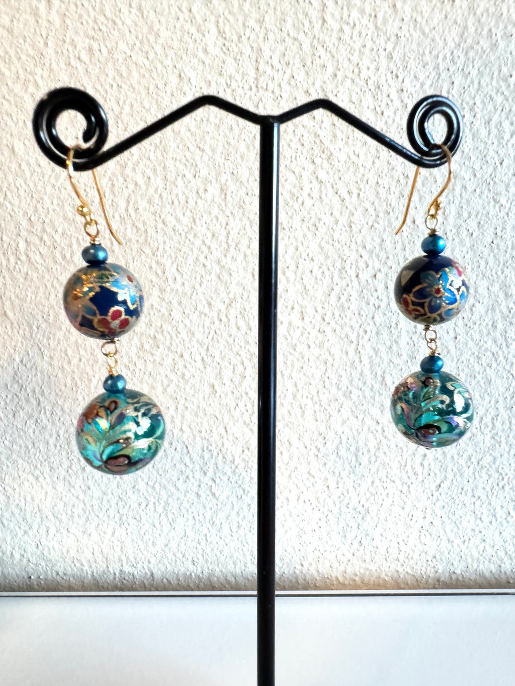 Japanese tensha beads and freshwater pearl earrings with sterling silver gold plated settings