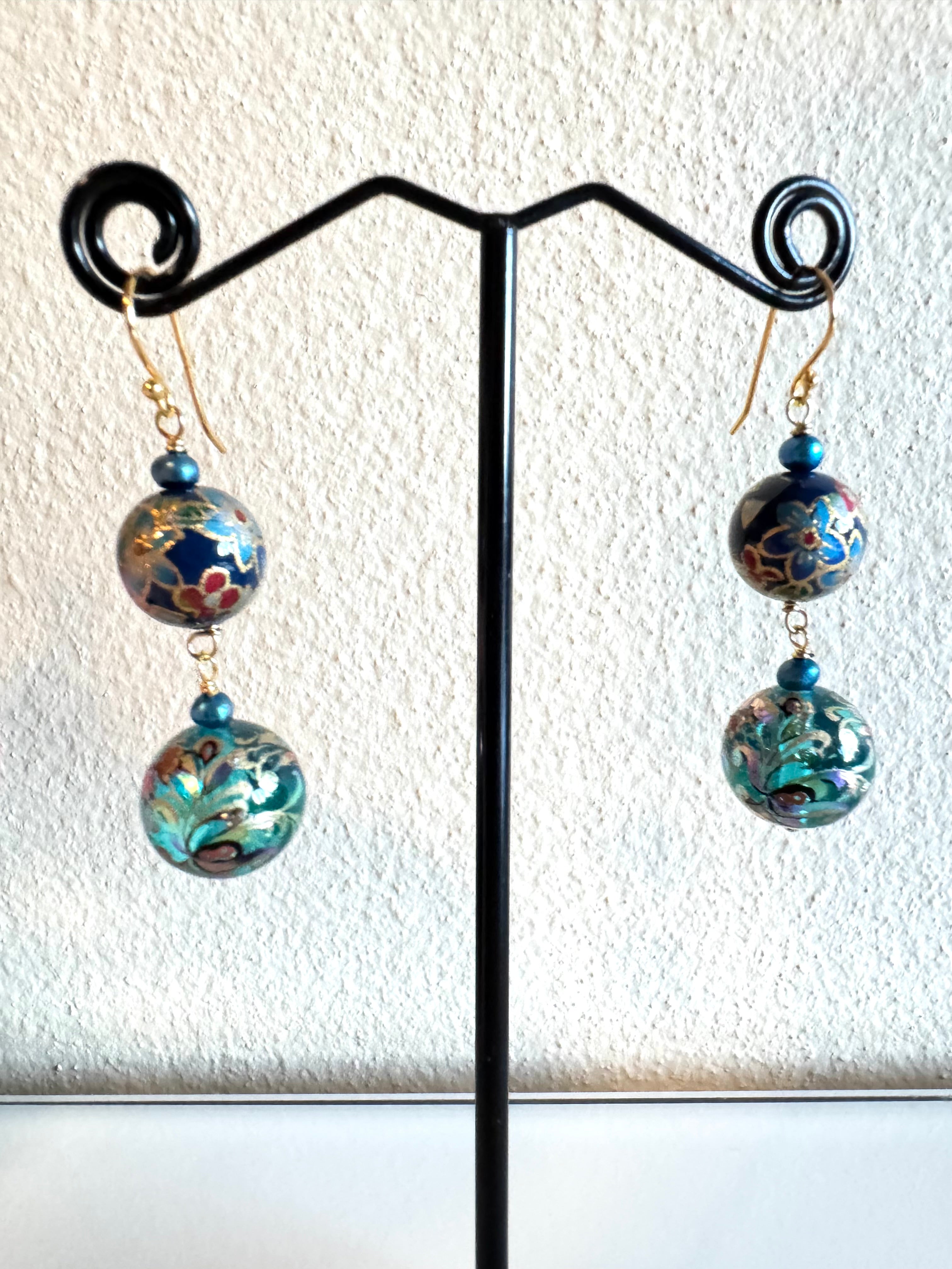Japanese tensha beads and freshwater pearl earrings with sterling silver gold plated settings