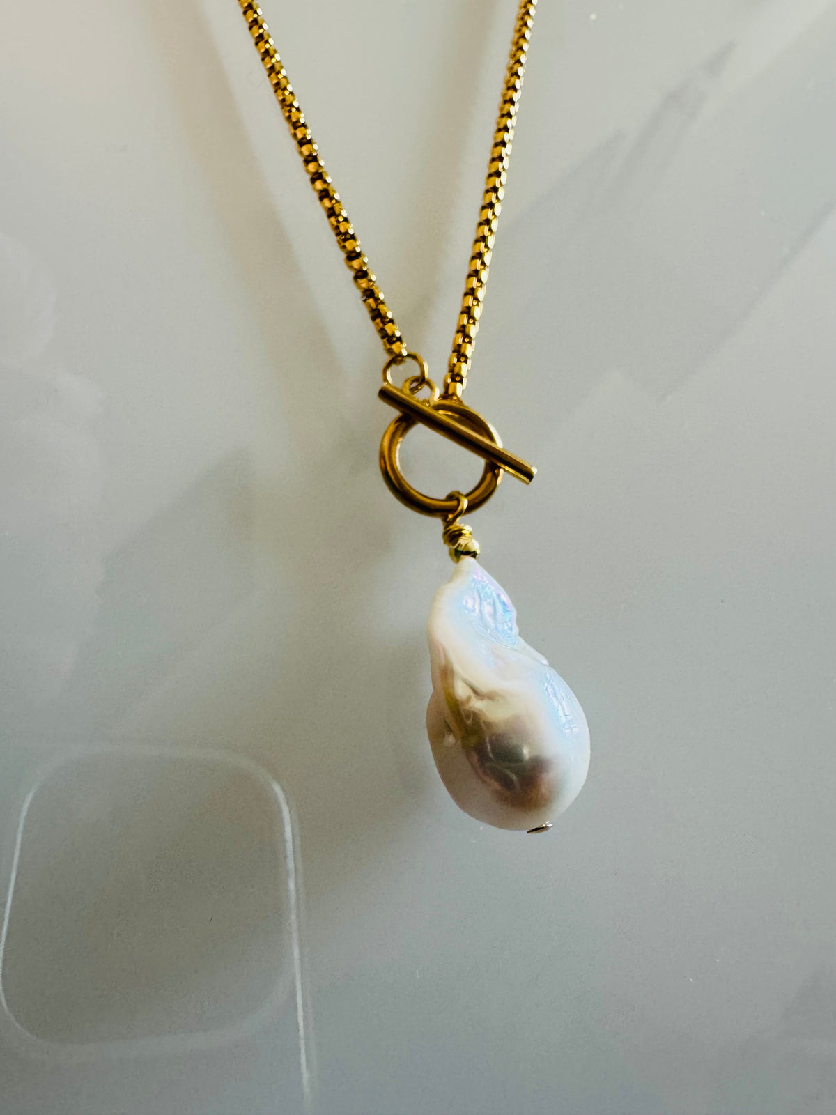 Handmade Freshwater Pearl Dangle Necklace, Gold Surgical Stainless Steel Chain & Toggle, Tarnish Free Waterproof Jewellery, Minimalist