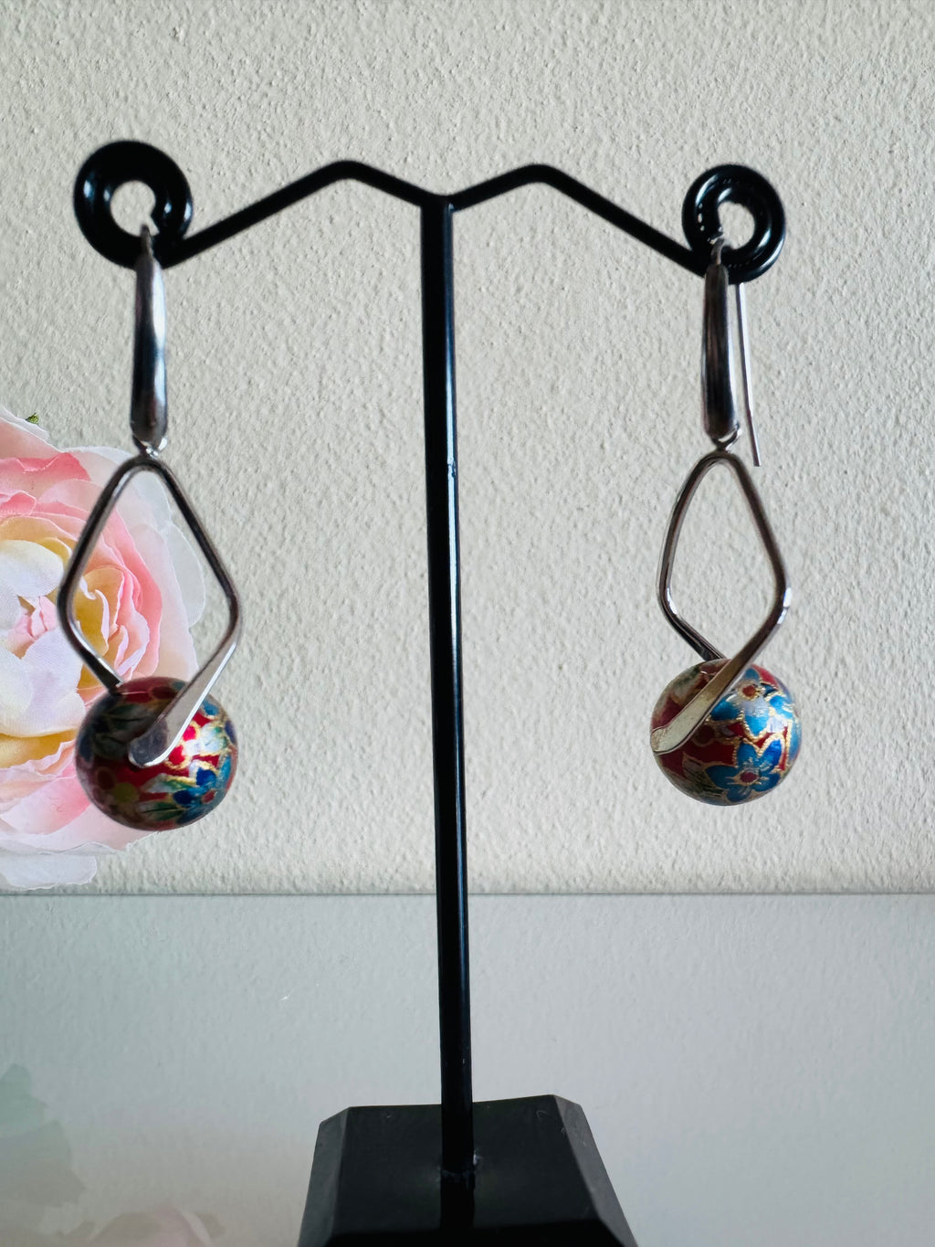 Japanese Tensha Beads Earrings - Red Floral | Stainless Steel Hooks