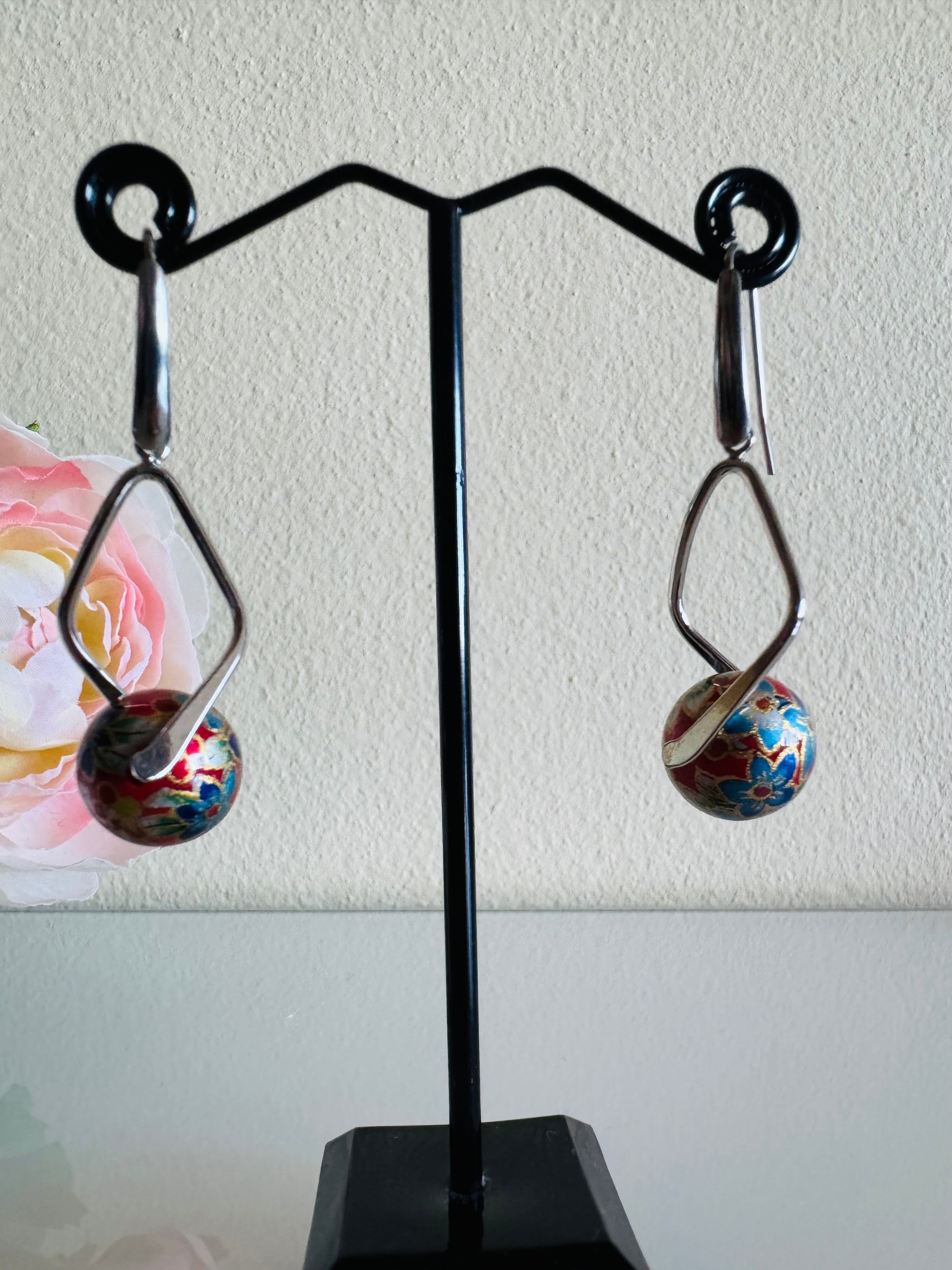 Japanese Tensha Beads Earrings - Red Floral | Stainless Steel Hooks