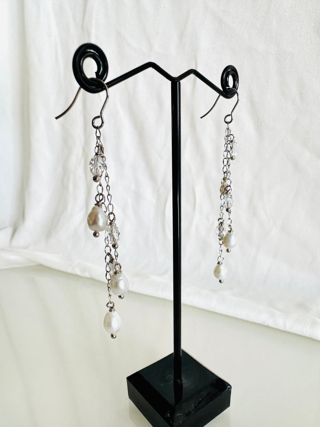 Handcrafted Teardrop Freshwater Pearl & Swarovski Crystal Earrings – Elegant Long Drop Jewelry