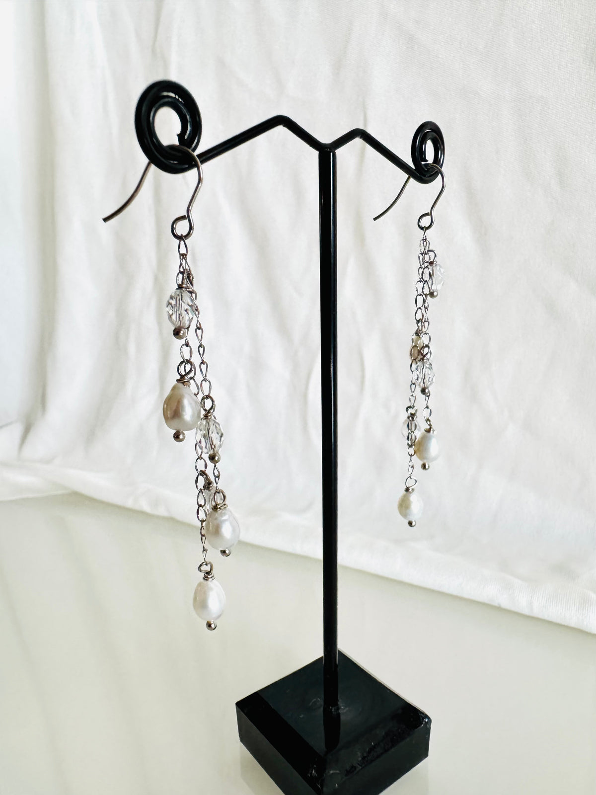 Handcrafted Teardrop Freshwater Pearl & Swarovski Crystal Earrings – Elegant Long Drop Jewelry