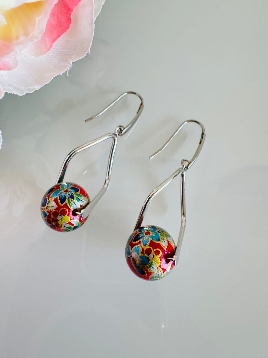 Japanese Tensha Beads Earrings - Red Floral | Stainless Steel Hooks