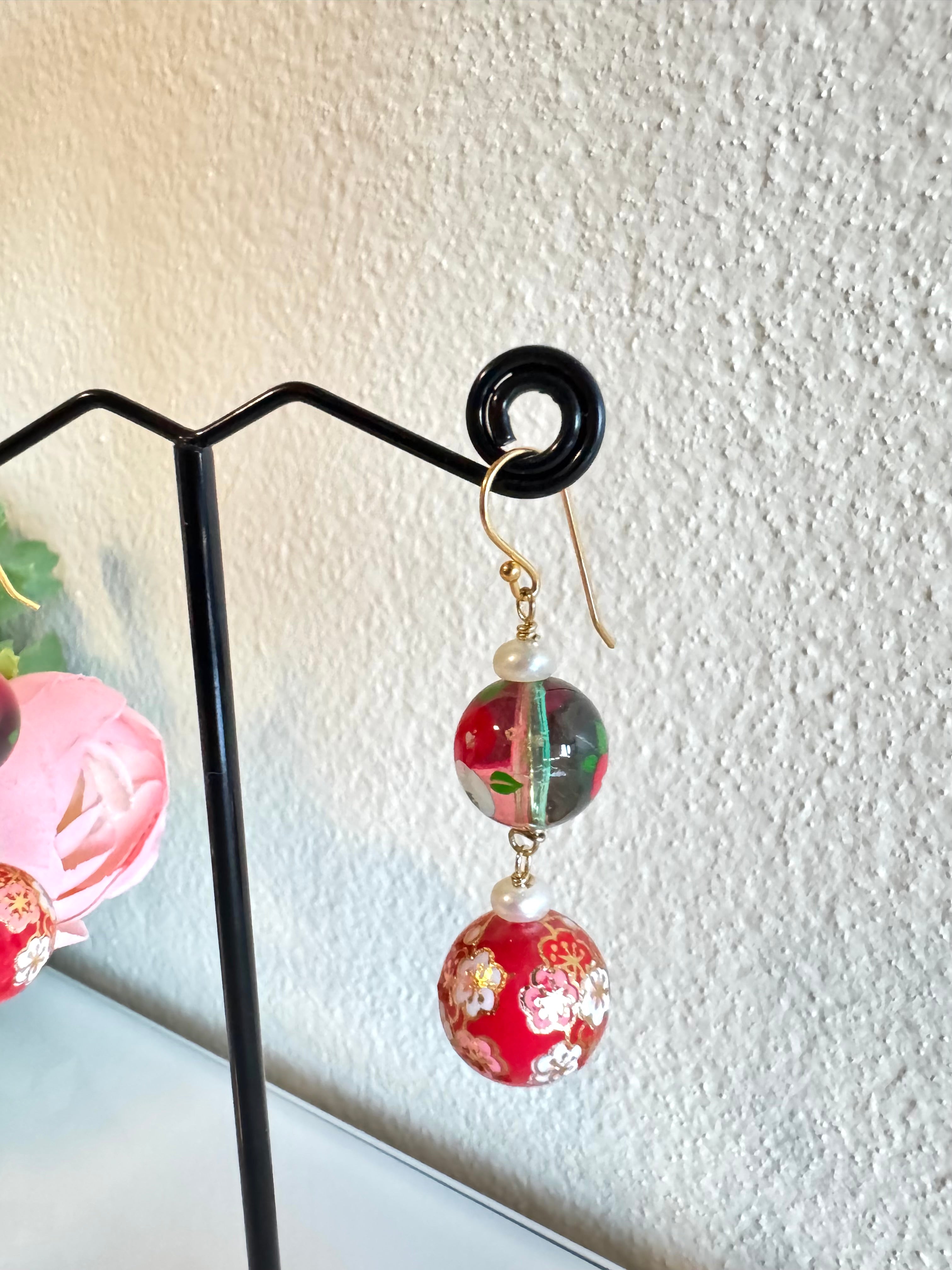 Japanese tensha beads and freshwater pearl earrings with sterling silver gold hooks