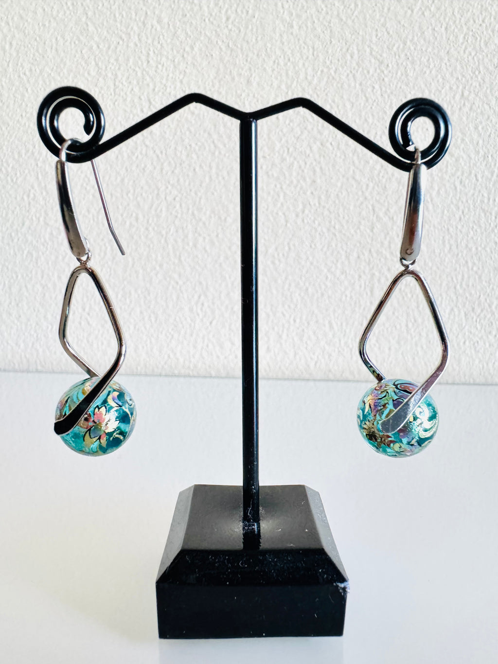 Japanese Tensha Beads Earrings - Aqua Floral Wave | Stainless Steel Hooks