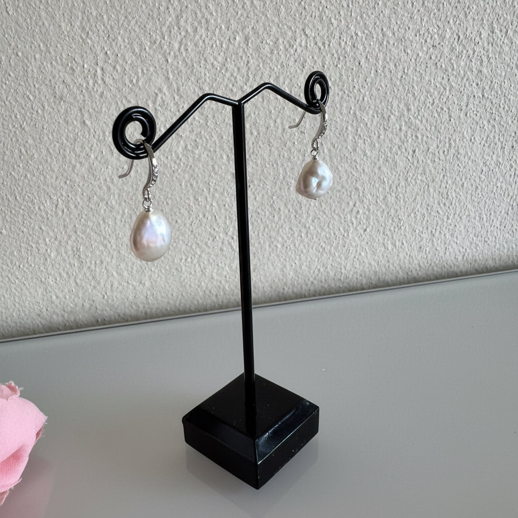 Sterling silver freshwater baroque pearl earrings with cubic zirconia melees