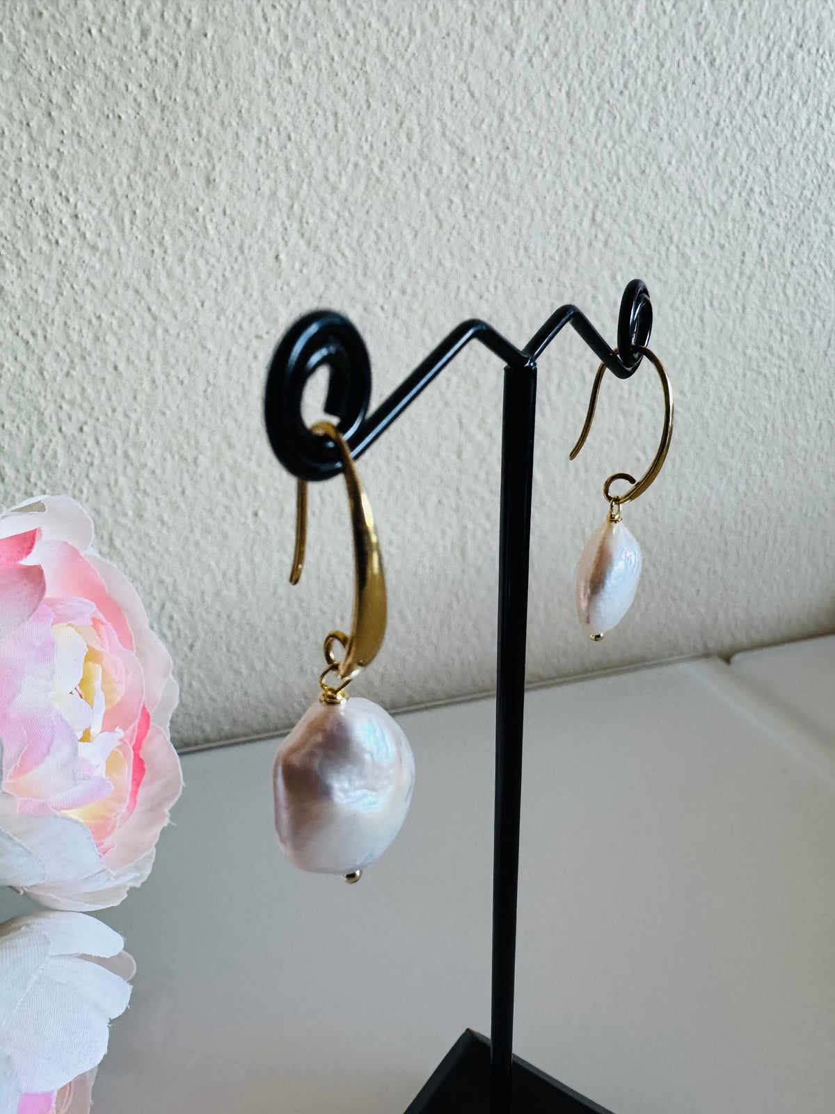Freshwater Coin Shape Baroque Pearl Drop Earrings, Surgical Stainless Gold Dangle Earrings, Handmade Australian Jewellery, Gift For Her