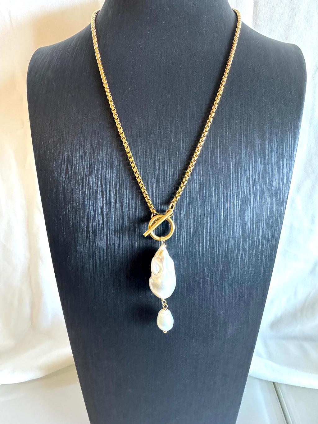 Handmade Baroque Pearl Toggle Necklace, Surgical Stainless Steel Chain, Minimalist Jewellery