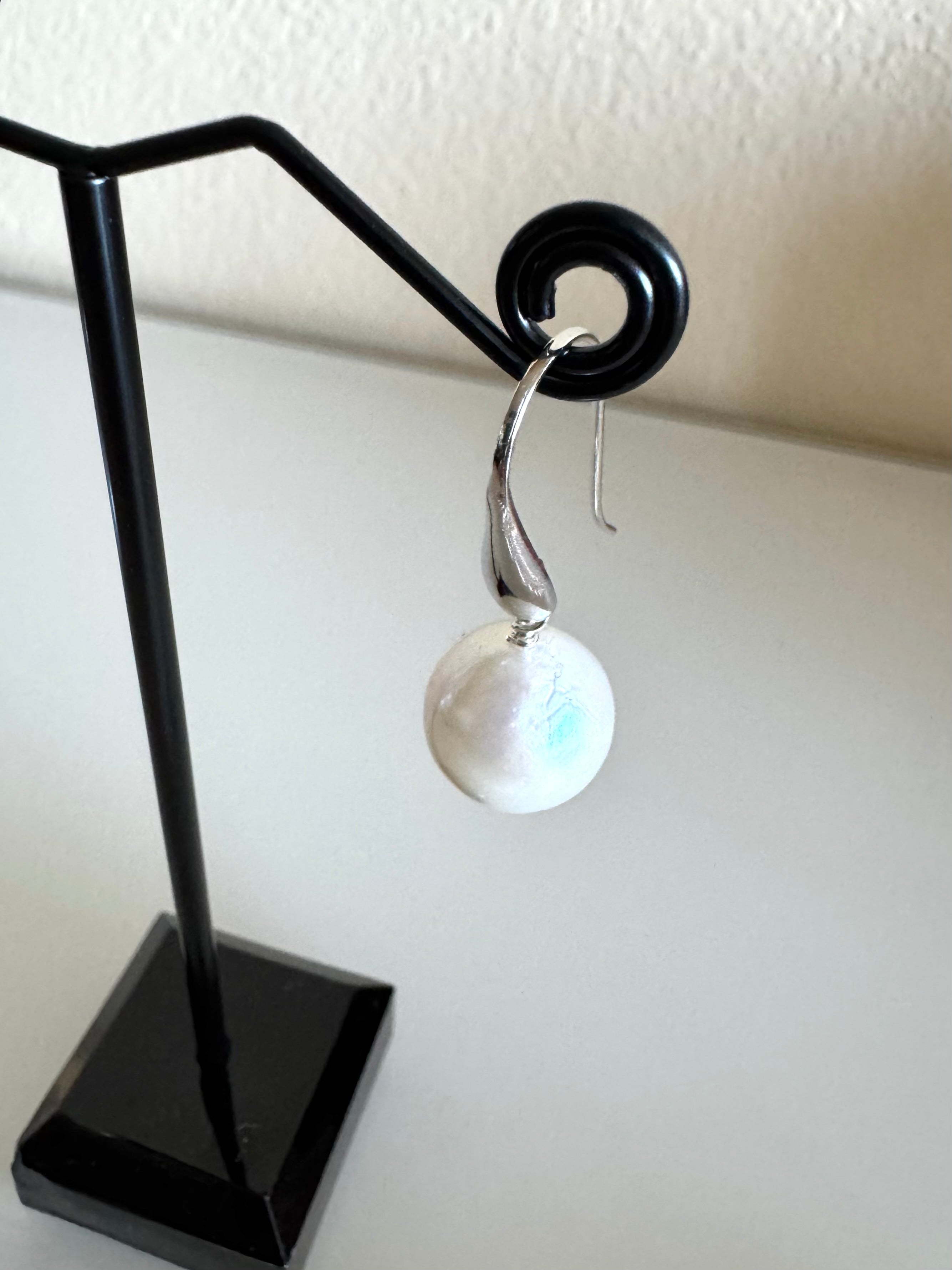 Sterling Silver Semi Round Freshwater Drop Pearl Earrings,Handmade Australia, Gift for Her