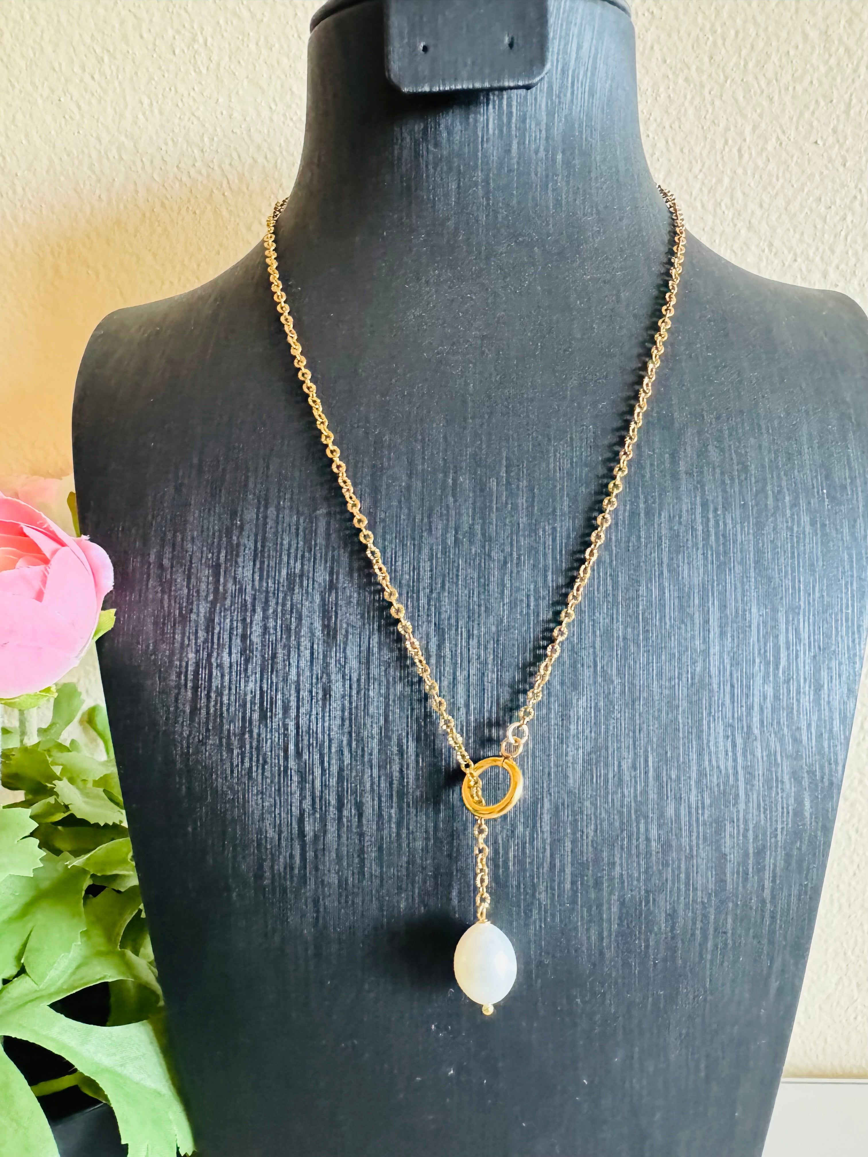 Handmade Freshwater Pearl Necklace, Gold Surgical Stainless Steel Chain Choker, Tarnish Free, Waterproof Necklace, Minimalist Dangle Jewelry