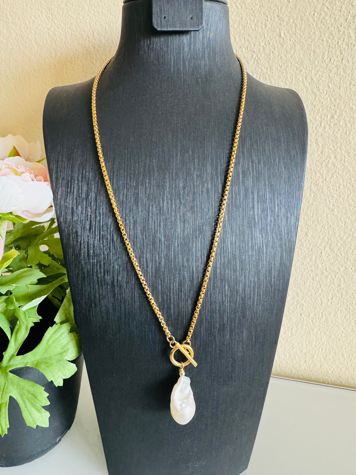 Handmade Freshwater Pearl Dangle Necklace, Gold Surgical Stainless Steel Chain & Toggle, Tarnish Free Waterproof Jewellery, Minimalist