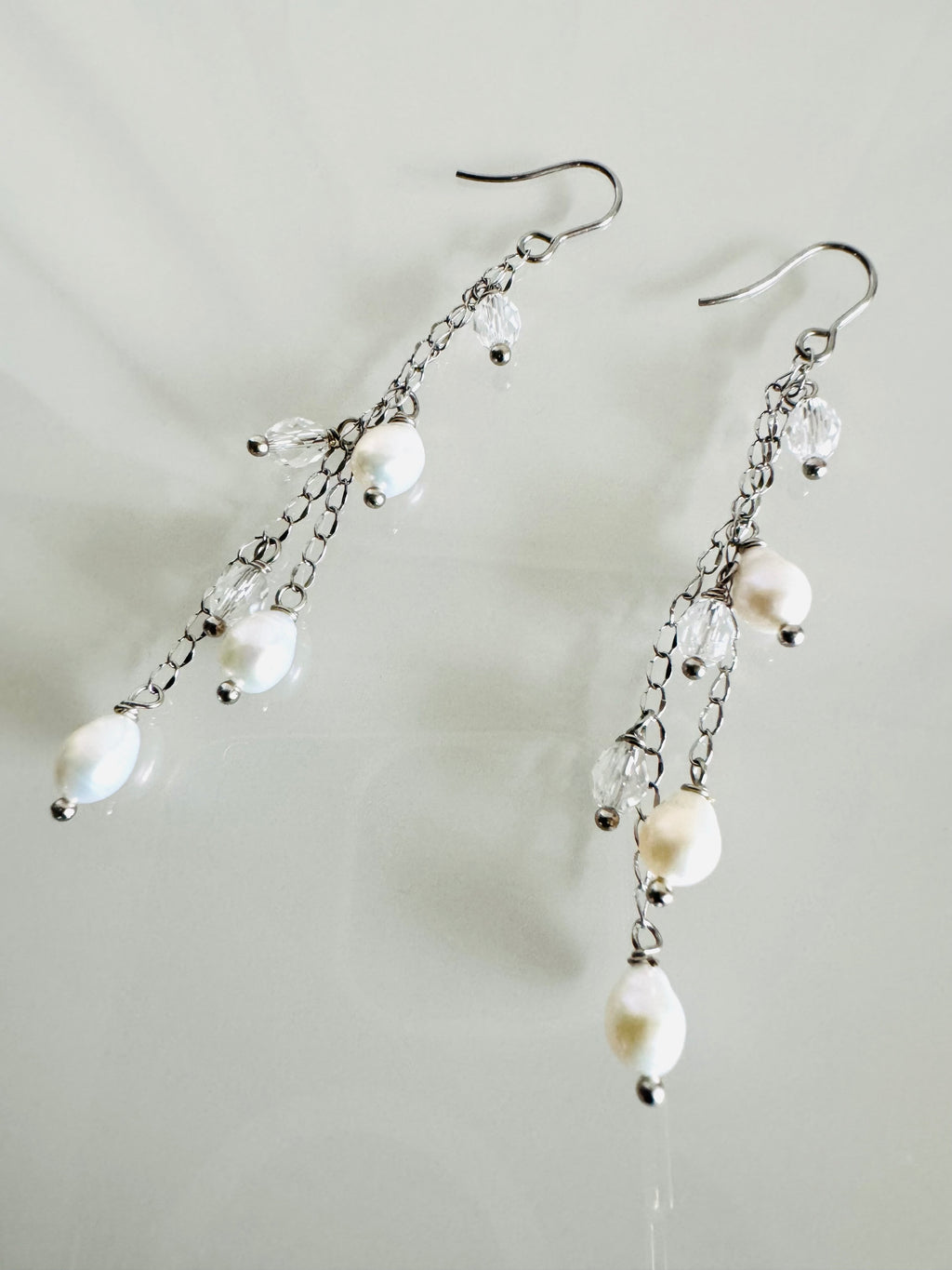 Handcrafted Teardrop Freshwater Pearl & Swarovski Crystal Earrings – Elegant Long Drop Jewelry