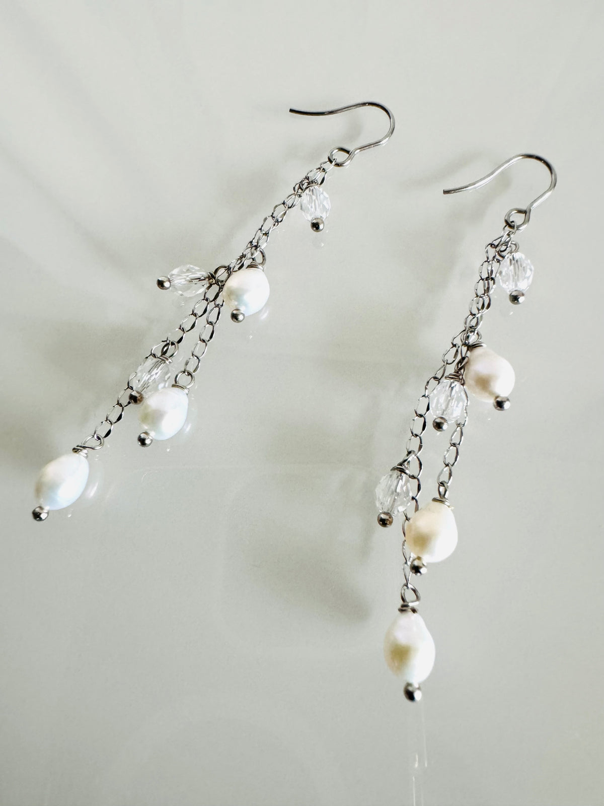 Handcrafted Teardrop Freshwater Pearl & Swarovski Crystal Earrings – Elegant Long Drop Jewelry