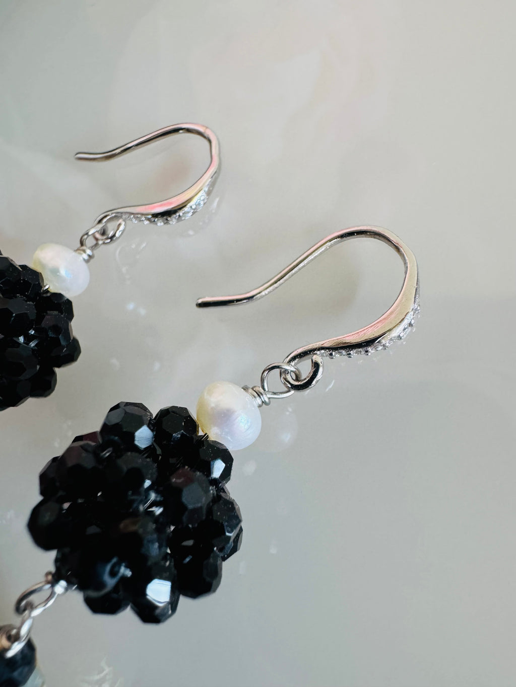 Japanese Tensha Bead Earrings, Sterling Silver Freshwater Pearl Dangle Earrings, Crystal Beads Ball, Handmade Floral Drop Jewellery