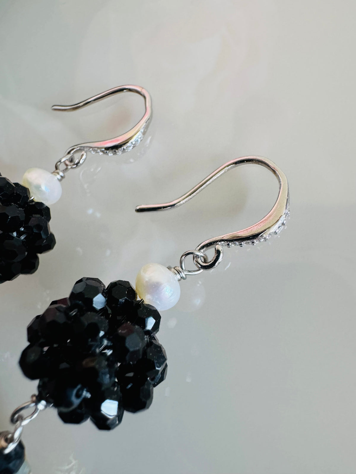 Japanese Tensha Bead Earrings, Sterling Silver Freshwater Pearl Dangle Earrings, Crystal Beads Ball, Handmade Floral Drop Jewellery