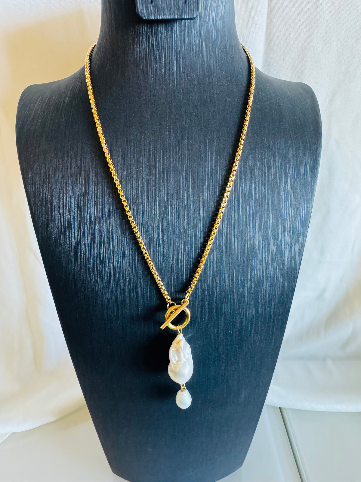 Handmade Baroque Pearl Toggle Necklace, Surgical Stainless Steel Chain, Minimalist Jewellery