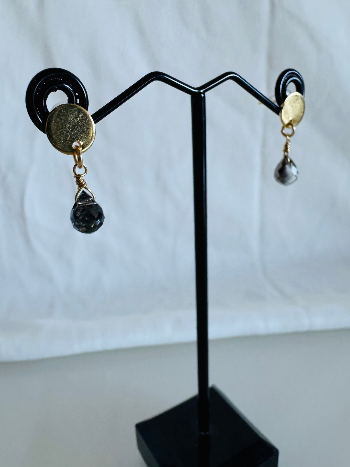 Handmade Dark Grey Crystal Drop Earrings, Surgical Stainless Gold Studs, Lightweight (1.5g)