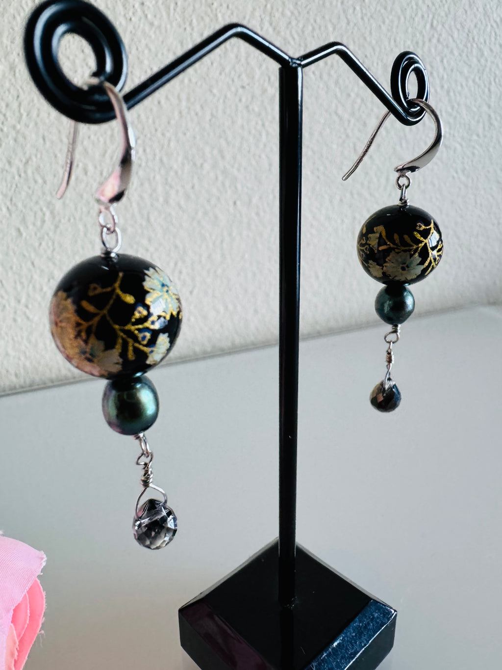 Japanese Tensha Bead Earrings, Sterling Silver Freshwater Black Pearl Dangle Earrings, Crystal Glass, Handmade Floral Drop Jewellery
