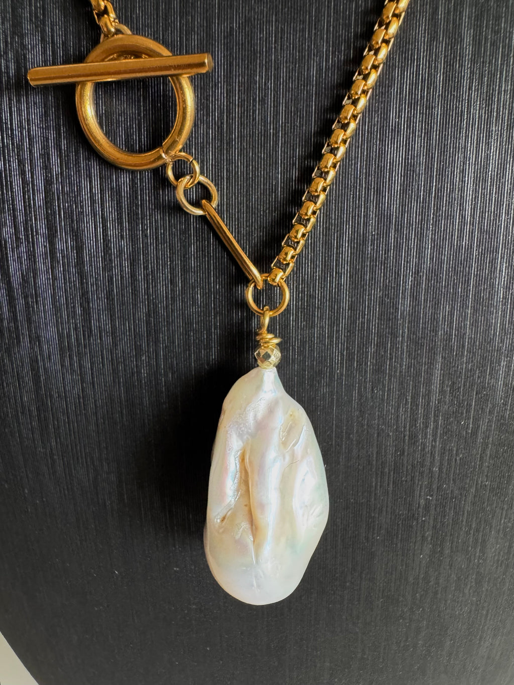 Handmade Baroque Pearl Toggle Necklace, Gold Stainless Steel Chain, Statement Jewellery
