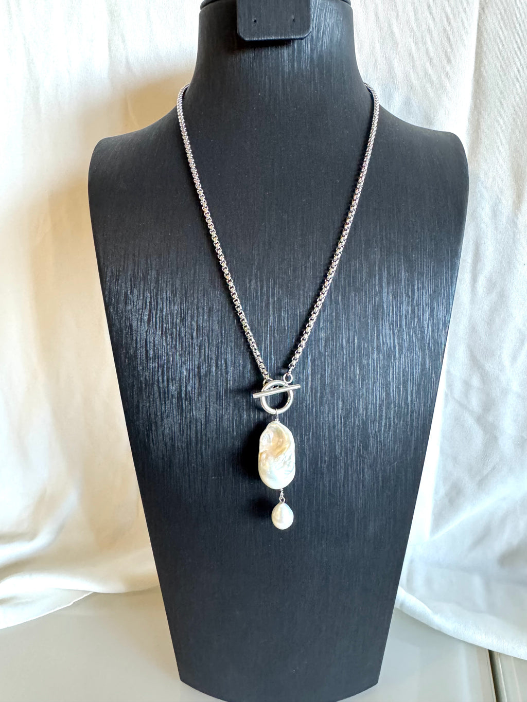 Handmade Baroque Pearl Toggle Necklace, Surgical Stainless Steel Chain, Minimalist Jewelry