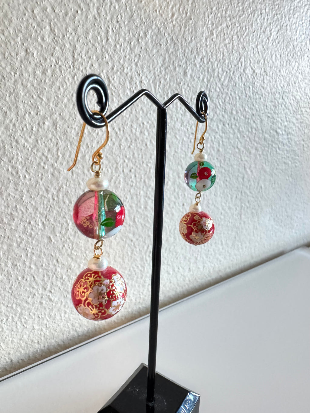 Japanese tensha beads and freshwater pearl earrings with sterling silver gold hooks