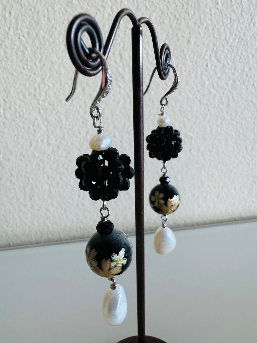 Japanese Tensha Bead Earrings, Sterling Silver Freshwater Pearl Dangle Earrings, Crystal Beads Ball, Handmade Floral Drop Jewellery