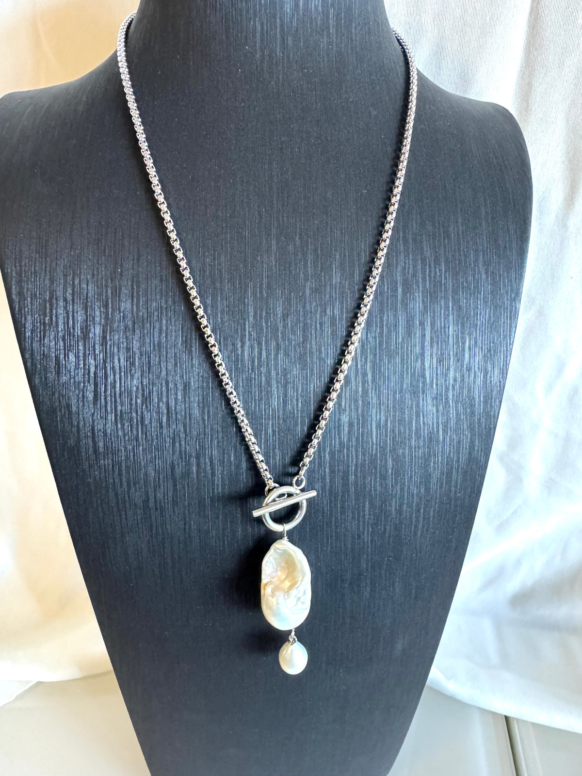 Handmade Baroque Pearl Toggle Necklace, Surgical Stainless Steel Chain, Minimalist Jewelry