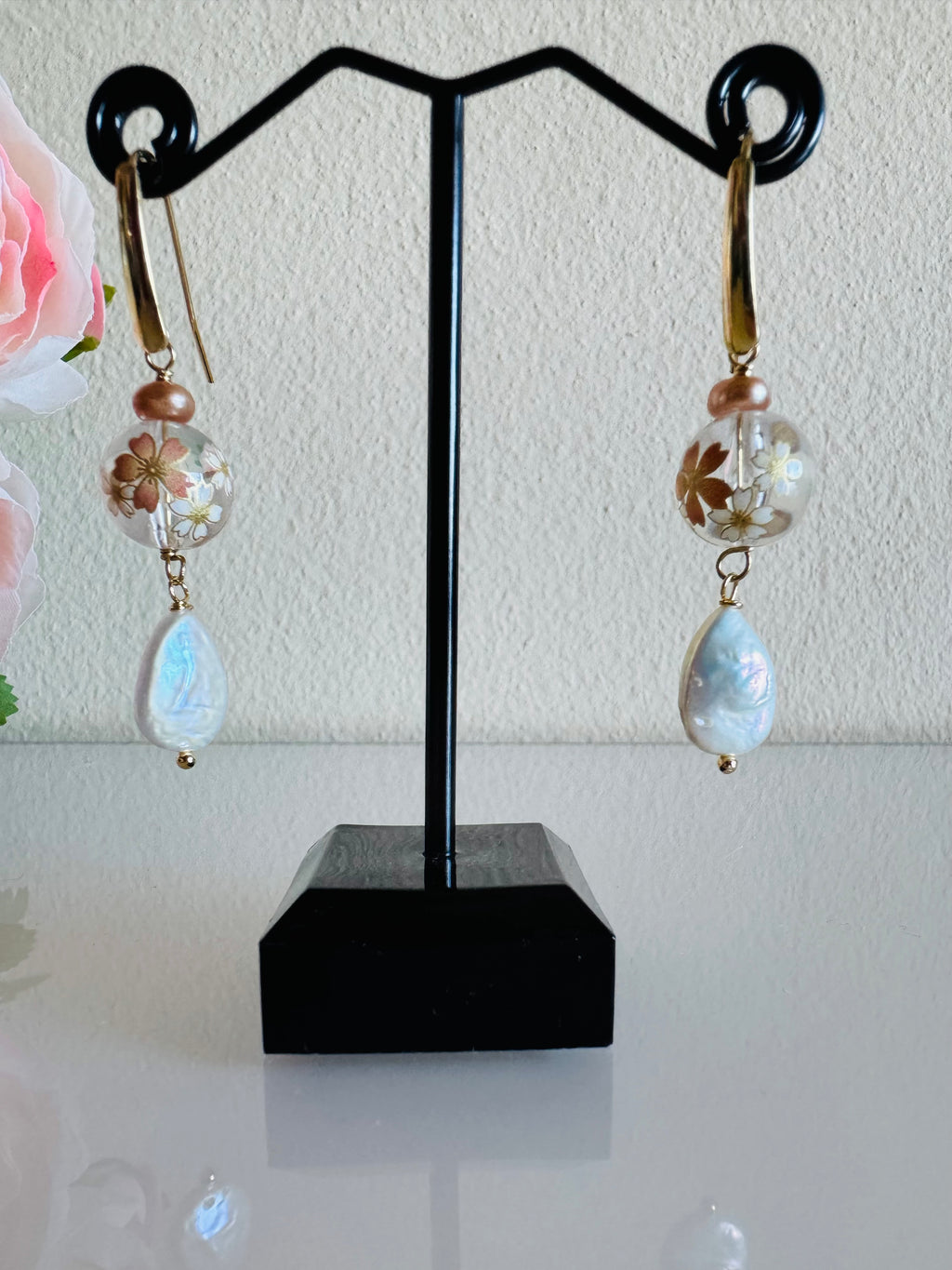 Japanese Tensha Beads Freshwater White Drop and Golden Pearls with Surgical Stainless Gold Hook Earrings