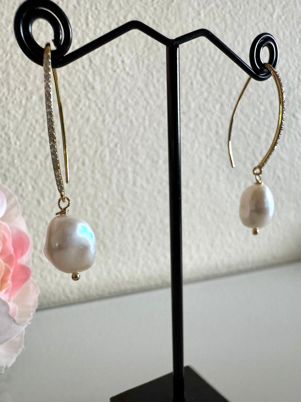 Freshwater semi baroque pearl earrings with sterling silver gold plated earring hooks