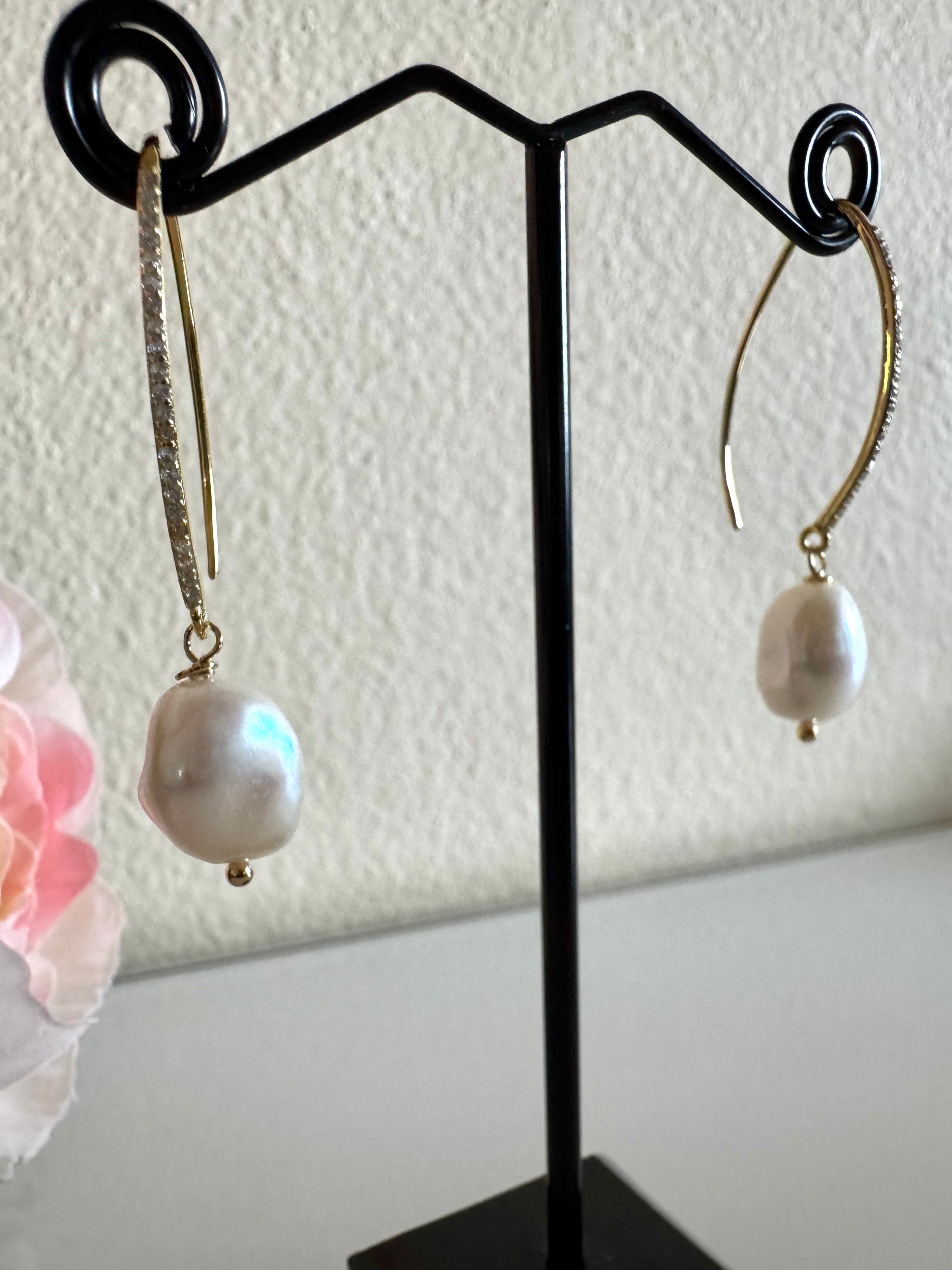 Freshwater semi baroque pearl earrings with sterling silver gold plated earring hooks
