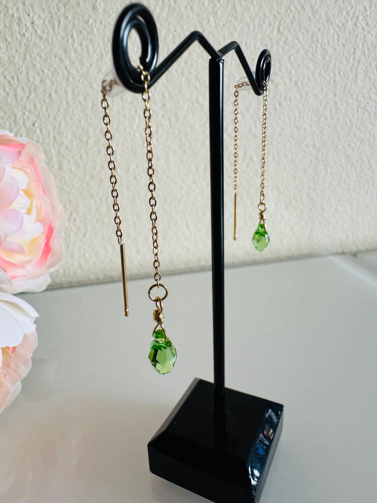 Swarovski Crystal Drop Earrings, Surgical Stainless Gold Dangle Chain Earrings, Handmade Australian Jewellery, Peridot Green Colour