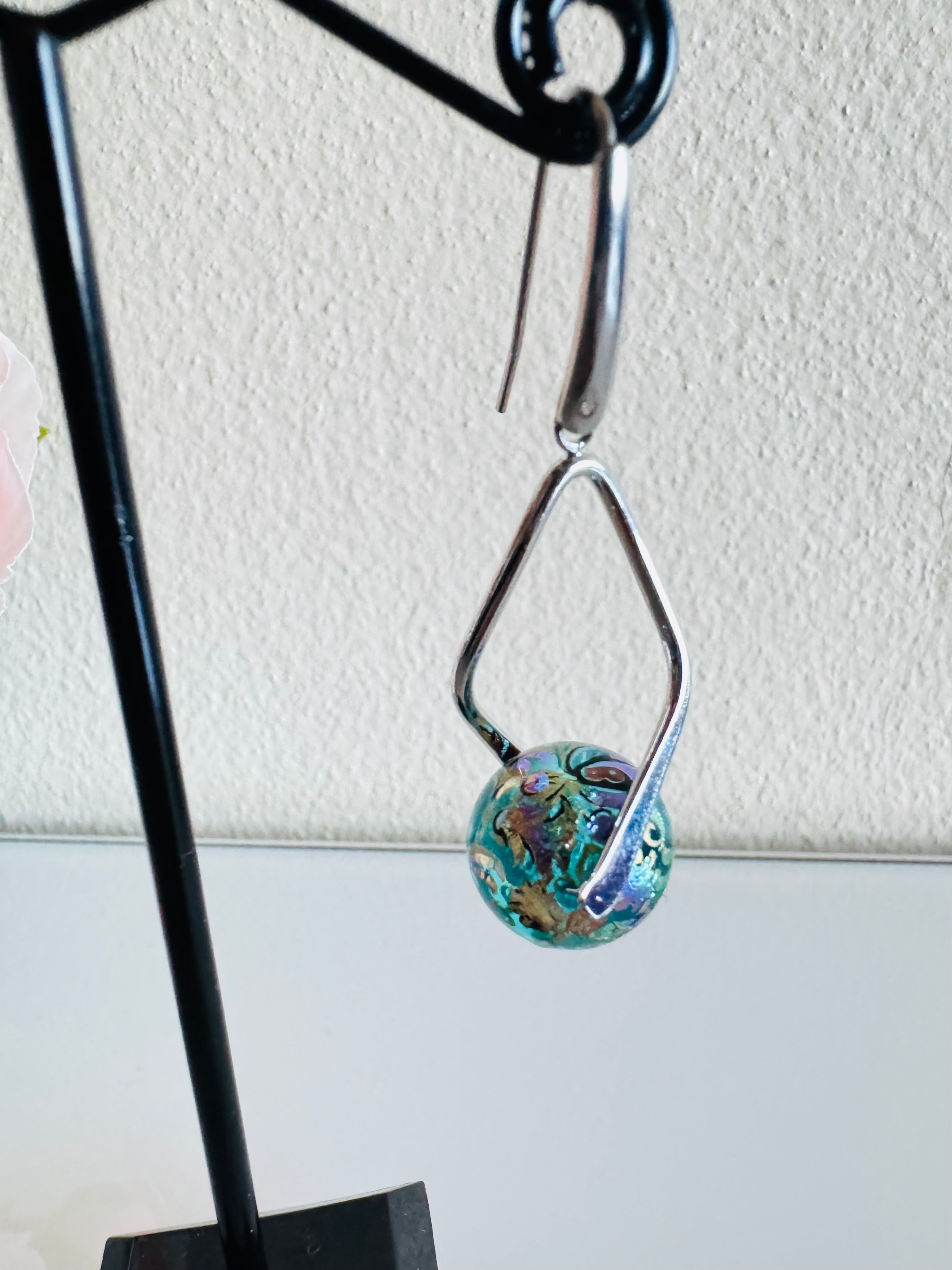 Japanese Tensha Beads Earrings - Aqua Floral Wave | Stainless Steel Hooks